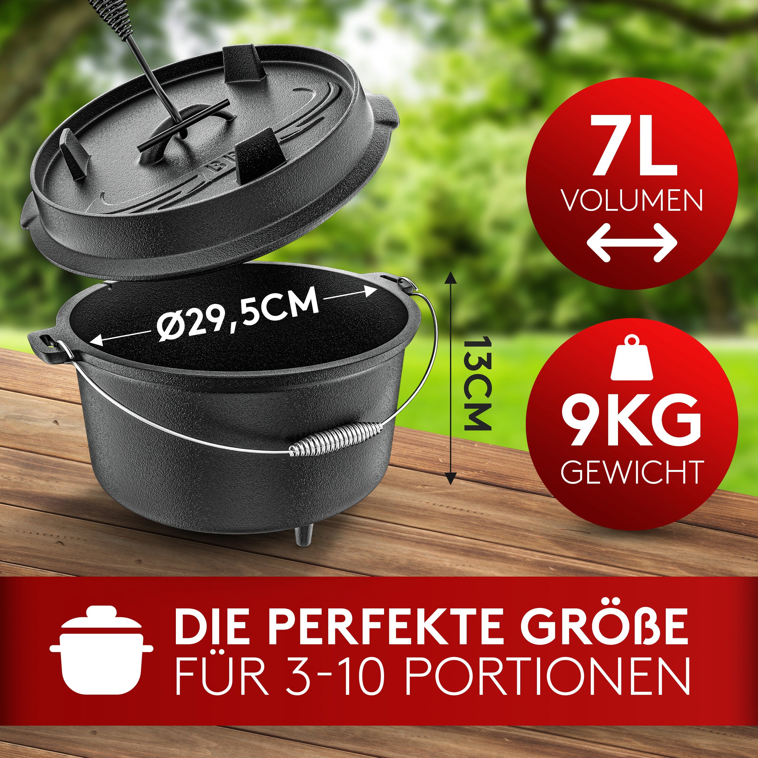 Taste of Fire Feuertopf BBQ Dutch Oven Feuertopf - Gusseisen Set 7L für Grill & Lagerfeuer, Gusseisen, Voreingebrannt inklusive Deckelheber und E-Book – Bild 4 von 4