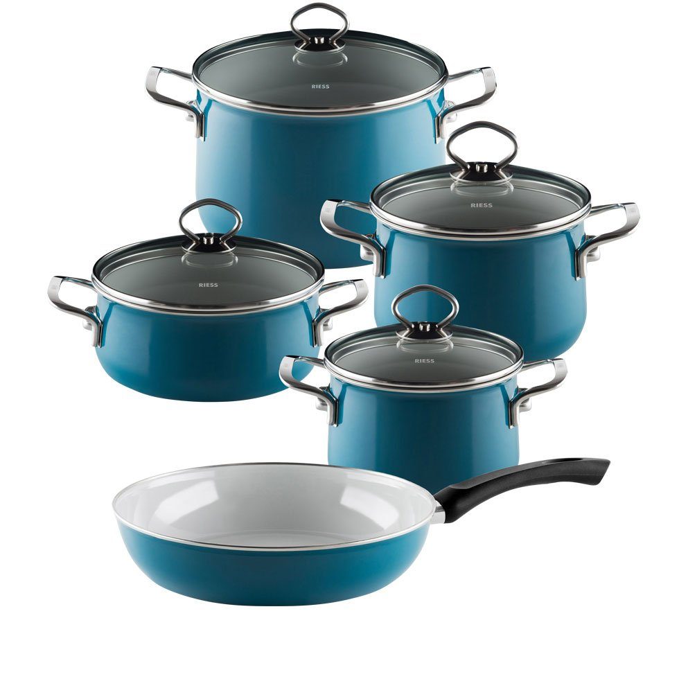Riess Kochtopf Nouvelle Aquamarin extra stark, (5-tlg), 5-teiliges Kochgeschirr-Set - Emaille