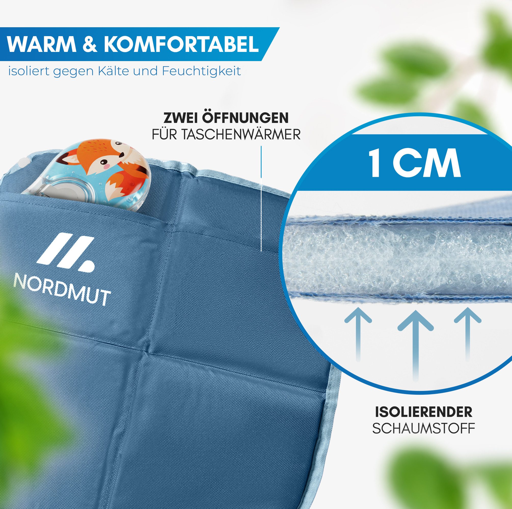 Nordmut Thermositzkissen Sitzkissen Outdoor Kinder, faltbar wetterfest, Camping, Kindergarten, Spar-Set, 1-tlg., Nordmut Ylläs + Transportbeutel + Karabiner, isolierend, wasserabweisend, ultraleicht, rutschfest, Karabinerhaken