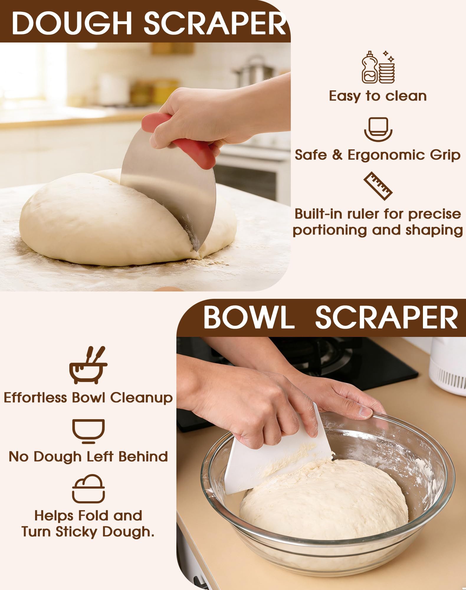 SURFOU Gärkorb 10-tlg Sauerteig Starter Set, Sauerteig Zubehör mit Gärkörbchen Rund, (Sauerteig Starter Set Komplett Set zum Brotbacken mit Rattan Gärkorb, Star – Bild 5 von 5