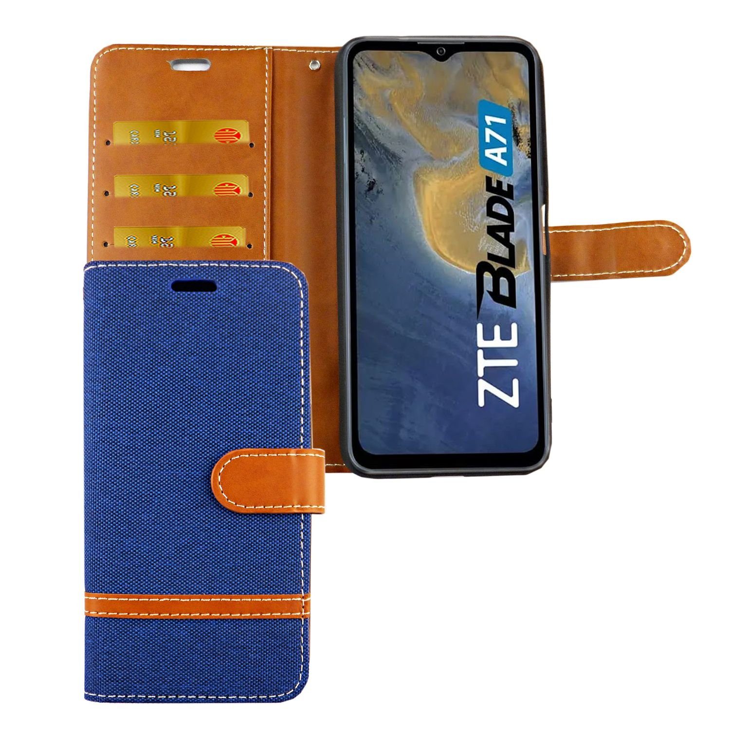 König Design Handyhülle ZTE Blade A71, Schutzhülle für ZTE Blade A71 Tasche Handy Hülle Schutz-Cover Flip-Case mit Kartenfach Jeans Blau