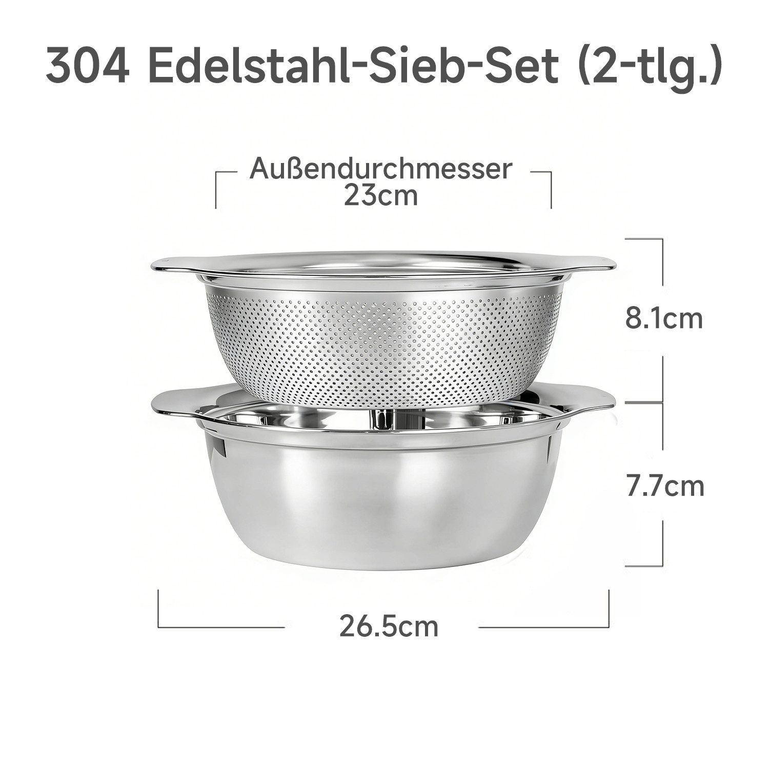 OSTWOLKE Küchensieb 2er Seiher & Schüsselset Nudelsieb Abtropfsieb Salat-Sieb Rührschüssel, Edelstahl 18/10
