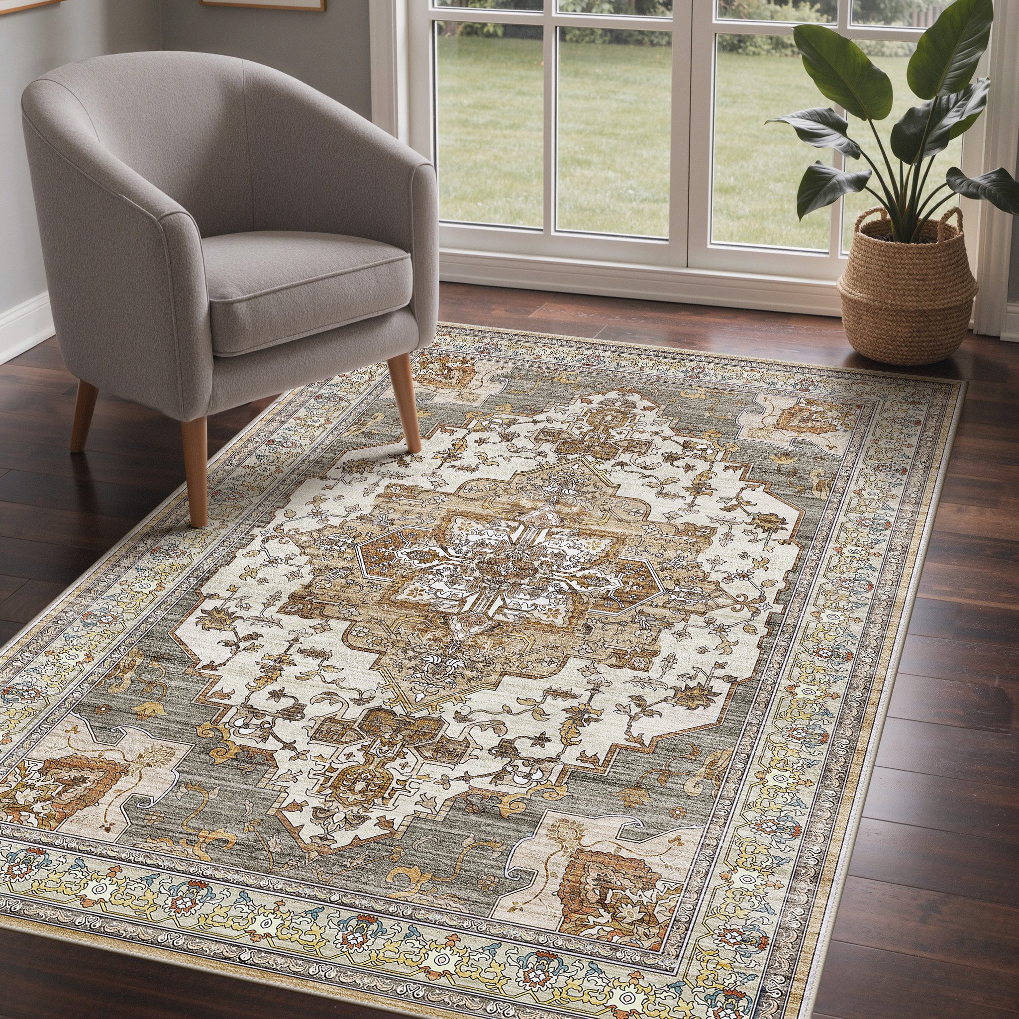 GENIMO Teppich Wohnzimmer Teppich, Boho Vintage, waschbar, rutschfest, Kurzflor, groß, rechteckig, 200X290cm, rot