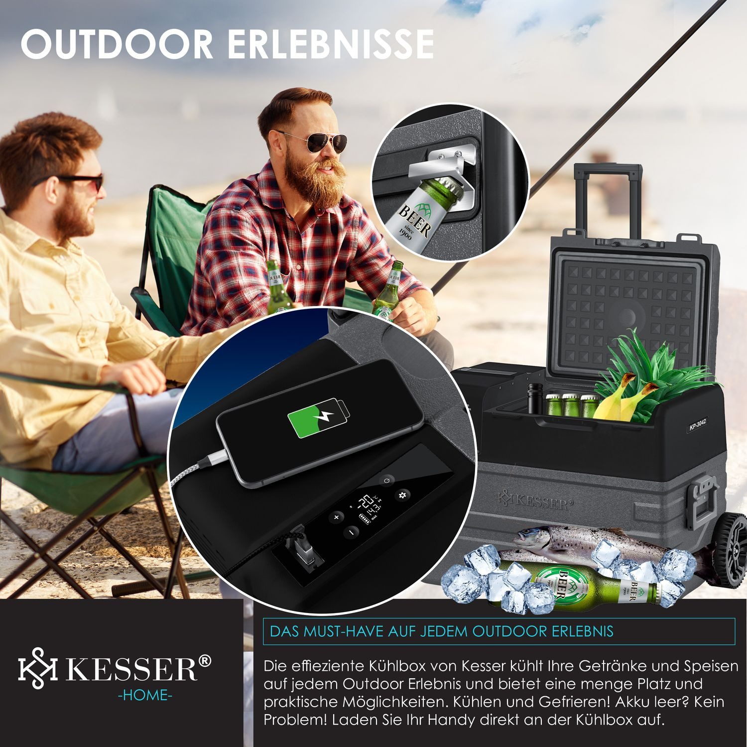 KESSER Kühlbox Kompressor Kühlbox elektrisch Gefrierbox APP-Steuerung USB-Anschluss, 42 l, 12/24 V 230V, +Teleskopstange, 2x Kühlbox Räder Kühlschrank -20 °C