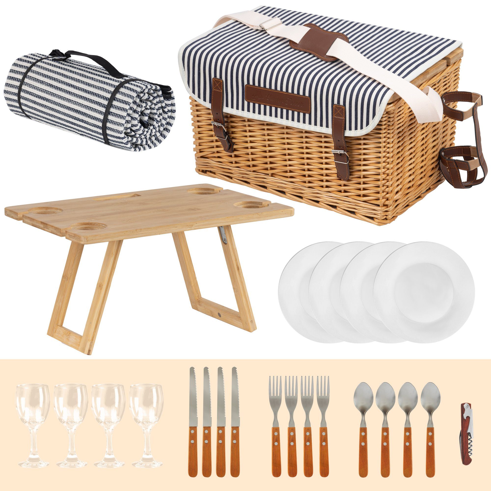 CampFeuer Picknickkorb 4 Personen mit Serviertisch und Geschirr-Set, 25-teilig, Weidenkorb (25 St)