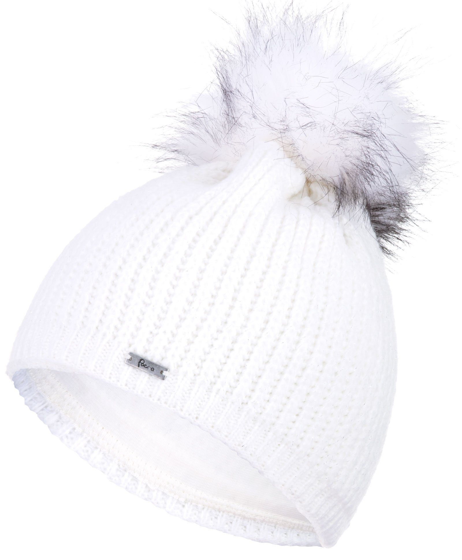 Faera Wintermütze Winter Beanie (1-St) gefüttert Bommelmütze weiß Damen Strickmütze Glitzer