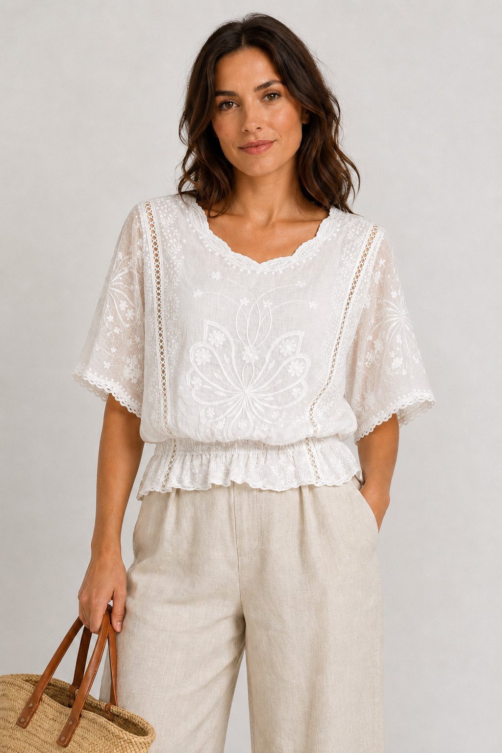 ITALY VIBES Spitzenbluse - Damen Spitzenbluse mit Lochstickerei, Boho Sommerbluse, Kurzarm ONE SIZE, passend für Größe XS bis L