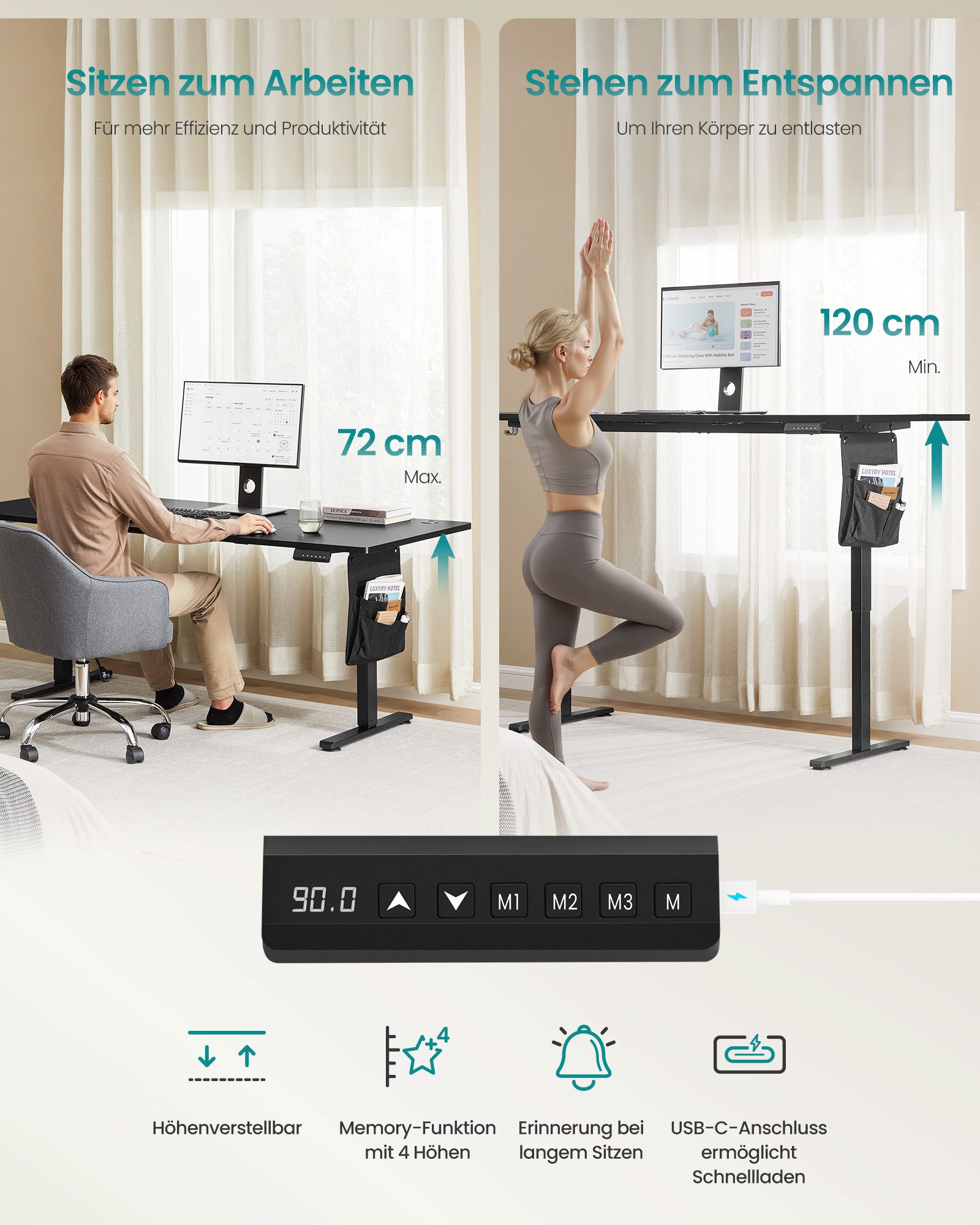 SONGMICS Schreibtisch Höhenverstellbarer elektrisch, 100/120/140/160/180 cm, USB-C-Anschluss, Memory-Funktion für 4 Höhen, mit Stoff-Organizer