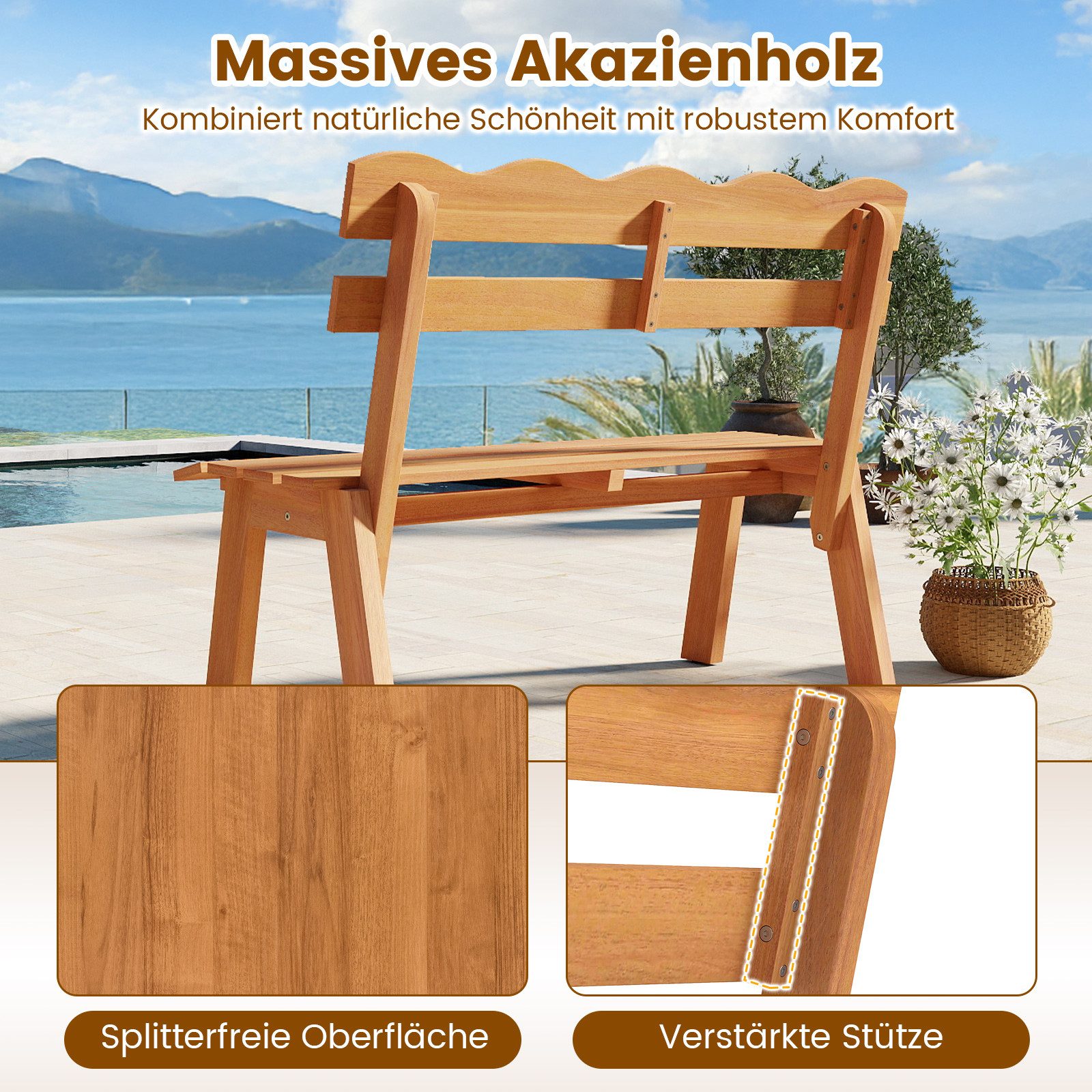 COSTWAY Gartenbank, Akazienholz wetterfest Sitzbank 2-Sitzer 360 kg 47,5x105x80cm