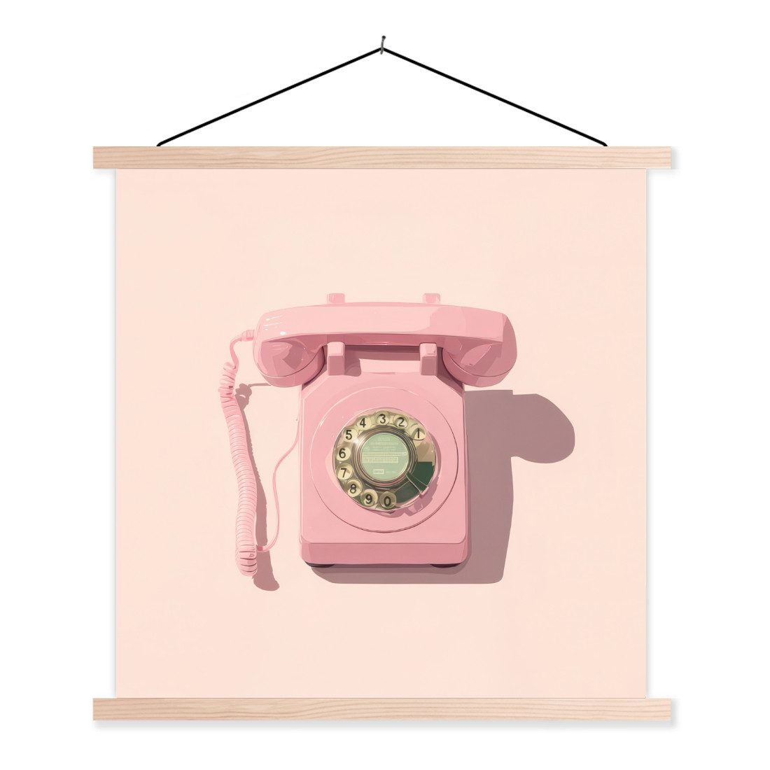 MuchoWow Poster Drehbares Telefon - Retro - Rosa, (1 St), Magnetische Posterleiste, Holzleisten, Textilposter, 120x120 cm