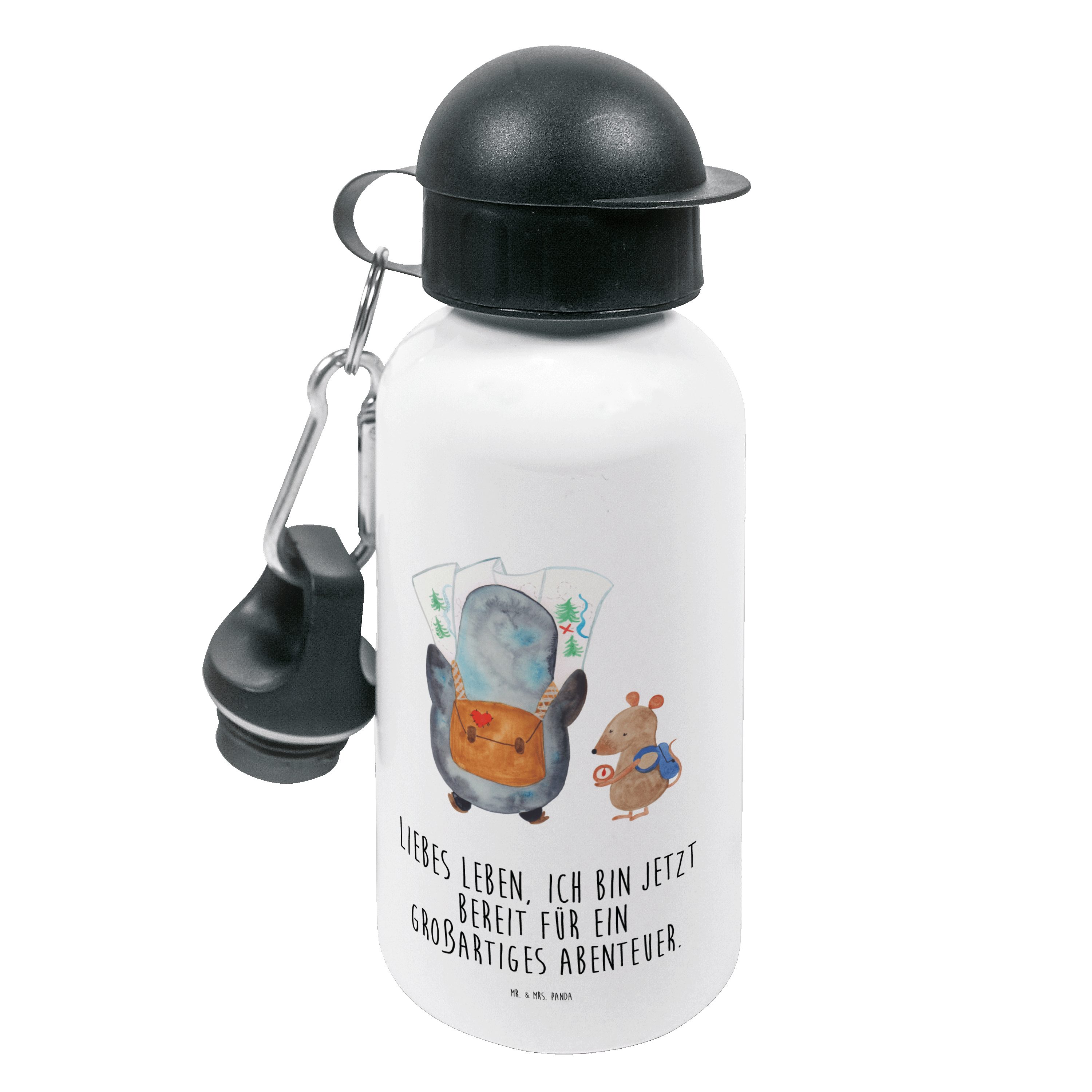 Mr. & Mrs. Panda Trinkflasche Pinguin & Maus Wanderer - Weiß - Geschenk, Grundschule, Kinderflasche