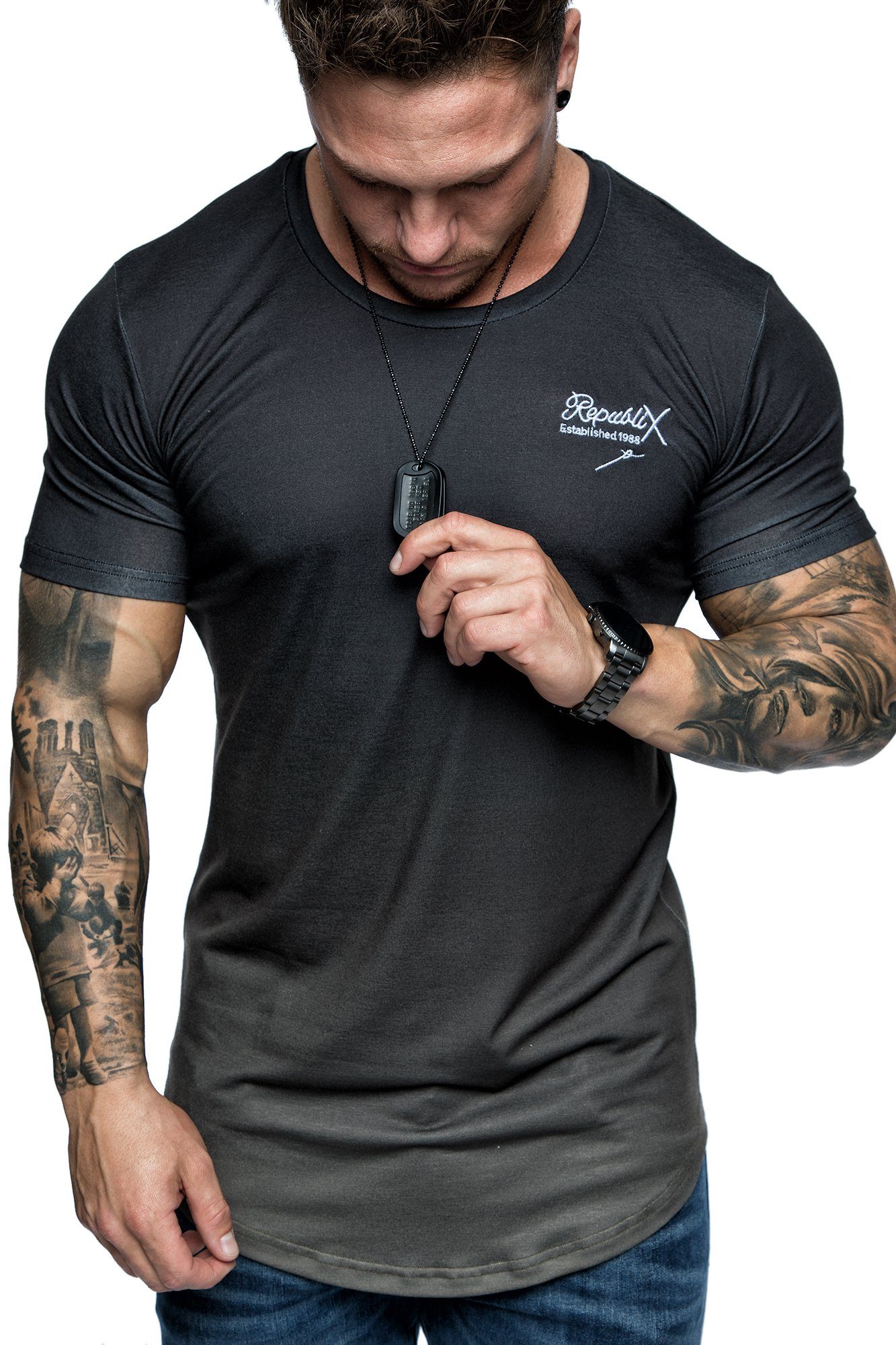 REPUBLIX T-Shirt Crew Neck Rundhalsausschnitt Herren LIAM Design mit Waterfall Oversize Schwarz/Olive Shirt