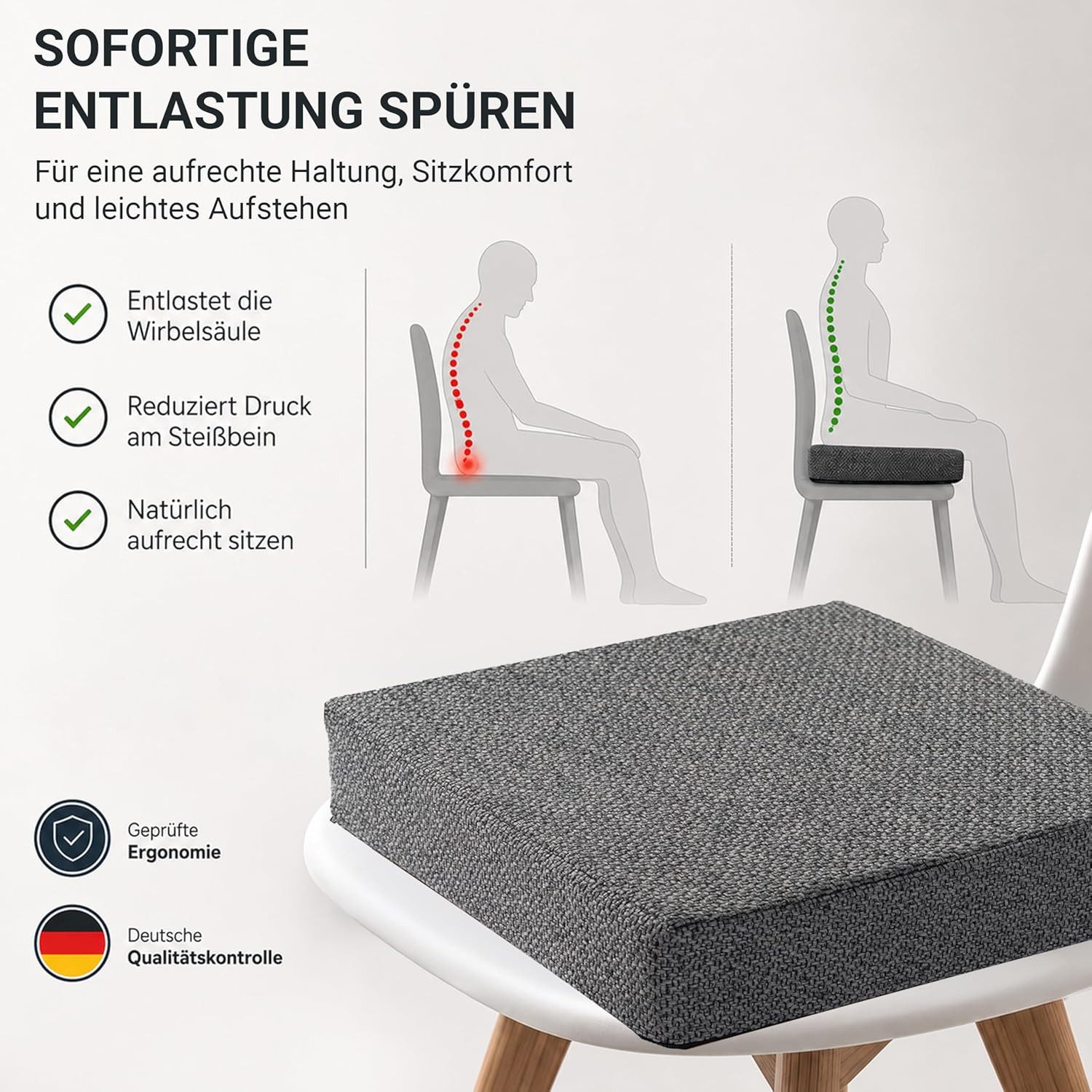 Stoffschmiede Sitzkissen Sitzerhöhung - orthopädisches Sitzkissen mit Memory Foam - 40x40x10cm, Ergonomisches Sitzkissen Stuhl als Sitzerhöhung und Aufstehhilfe