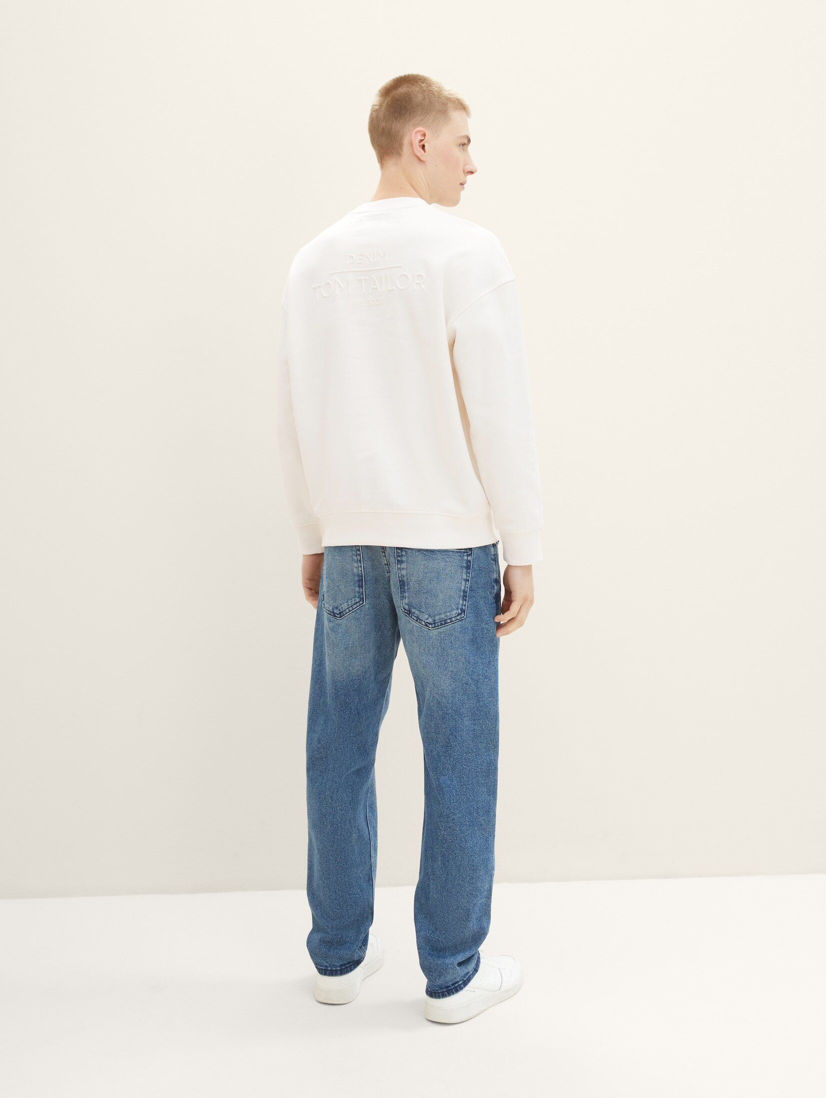 Denim Blue Stone Mid Straight-Jeans nachhaltigeren Fit Denim TOM TAILOR Jeans Baumwolle mit Loose Used