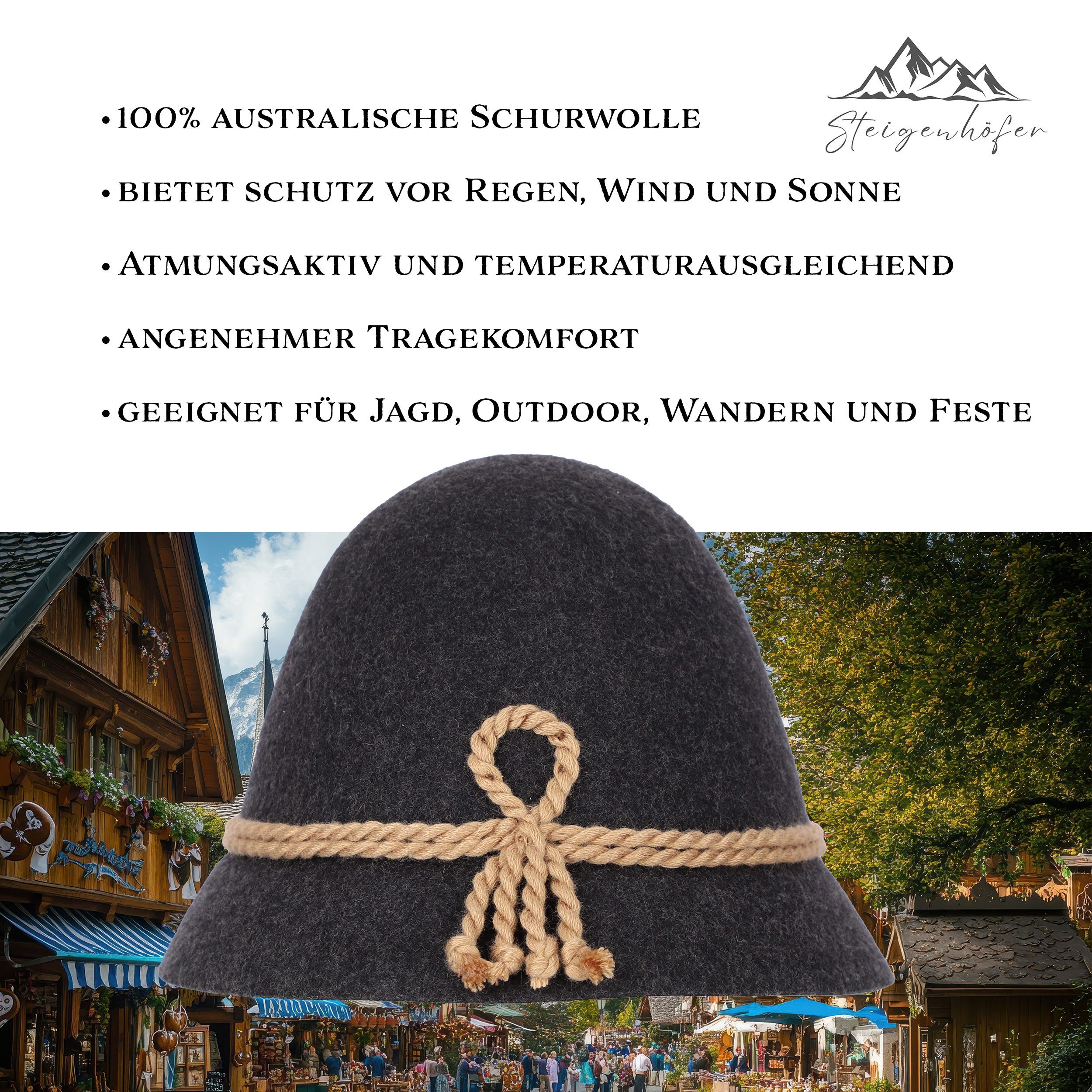 Steigenhöfer Manufaktur Trachtenhut Herren Heinrich - bayrischer Wanderhut Stopselhut aus 100% Schurwolle Schmale Krempe & Kordel - 2-Fach Kordel - Ideal fürs Oktoberfest