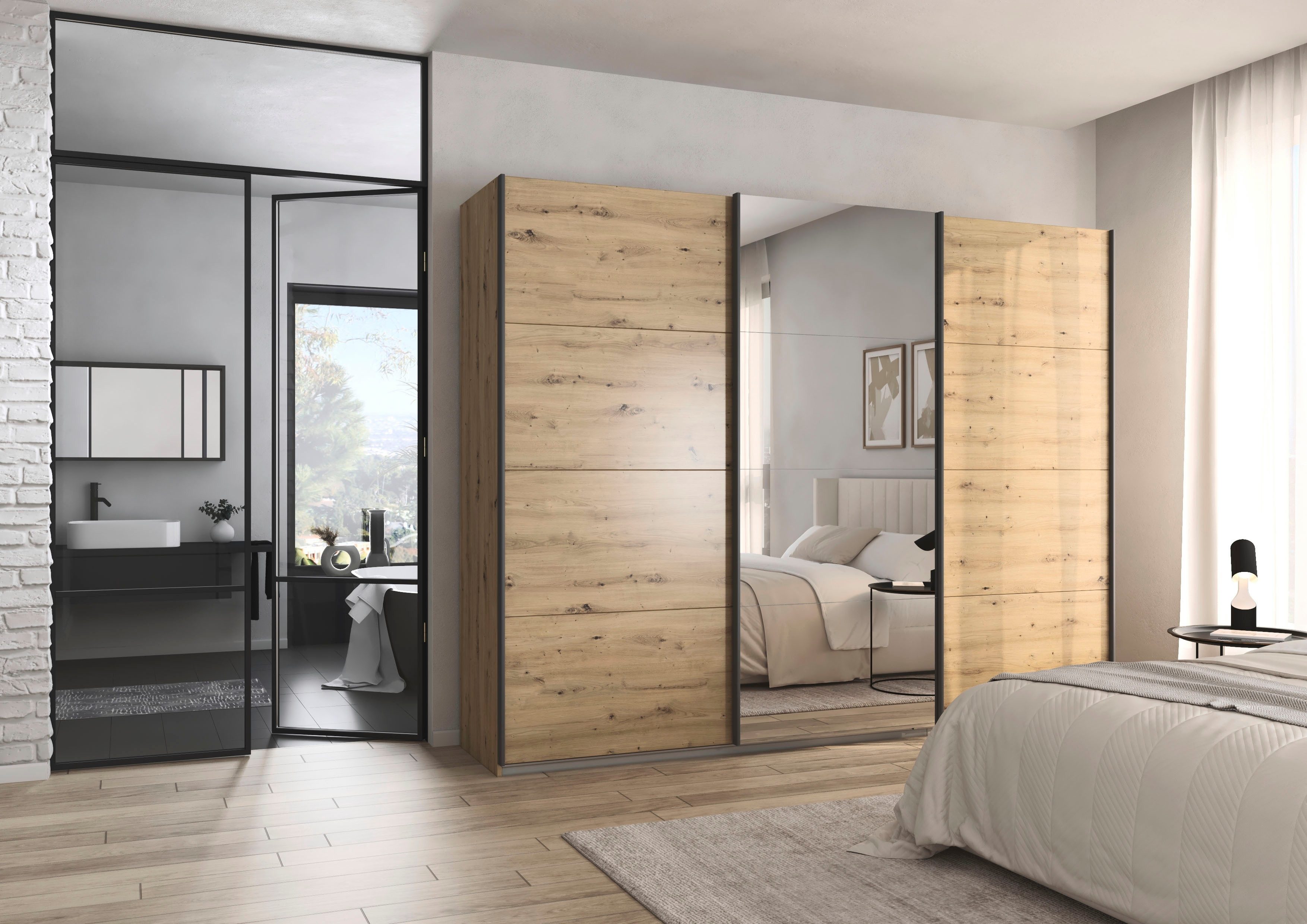 OTTO home Schwebetürenschrank Kleiderschrank Schrank Schlafzimmerschrank Garderobe AGORDO (Breiten 203/271/315/360 cm in drei Griff-Farben - NEU: Farbe SCHWARZ) Top Innenausstattung, in 4 Breiten und 2 Höhen MADE IN GERMANY