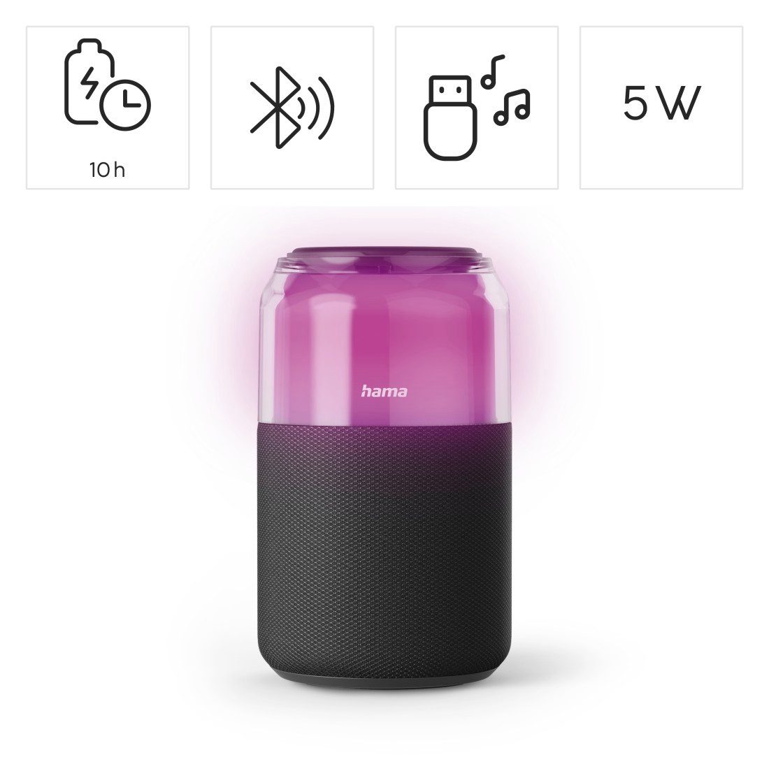 Hama Bluetooth-Lautsprecher mit LED-Licht und True Wireless Bluetooth-Lautsprecher (Bluetooth, 5 W, LED-Lichtmodi, True Wireless Stereo, USB-A, Akku, Hängeschlaufe)