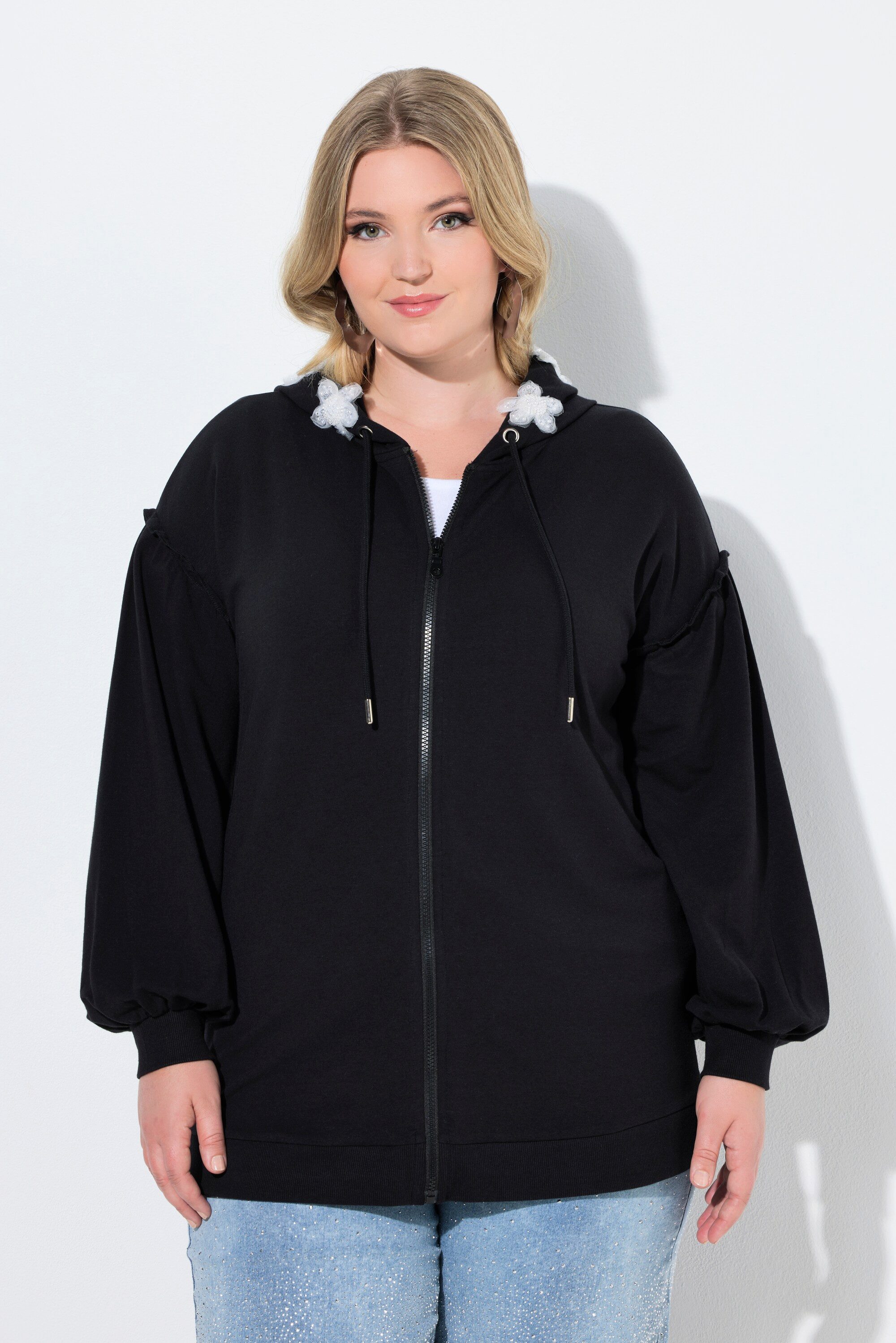 MIAMODA Sweatjacke Sweatjacke Loose Fit Kapuze mit Glitzer-Blüten günstig online kaufen