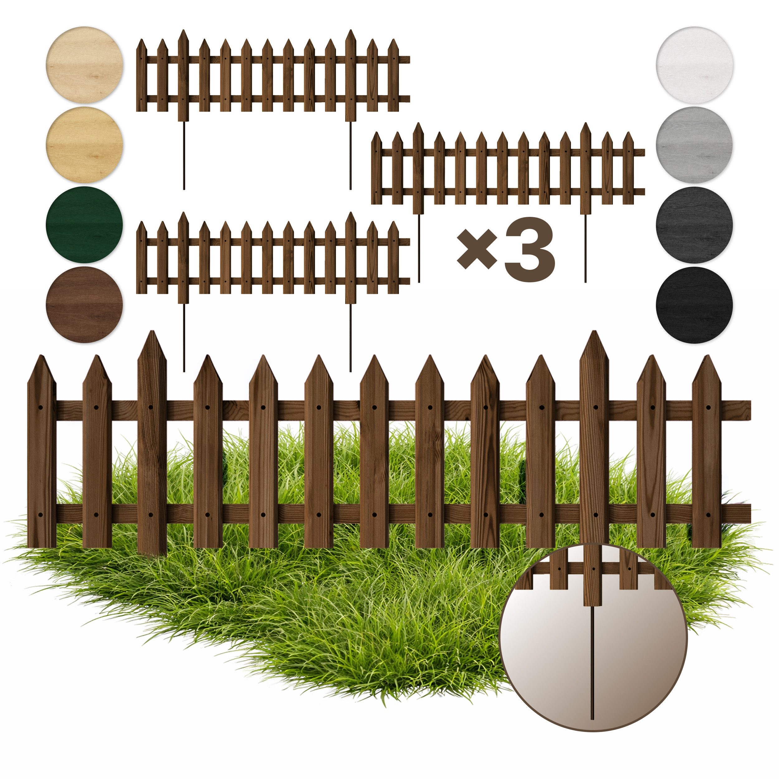 Floranica Zierzaun Vorgartenzaun Steckzaun Gartenzaun Zierzaun Lattenzaun Friesenzaun, (20 x 100 cm, 3-St., Braun), Blummen Beeten Zaun aus Holz mit Metalpfosten, Beetabgrenzung