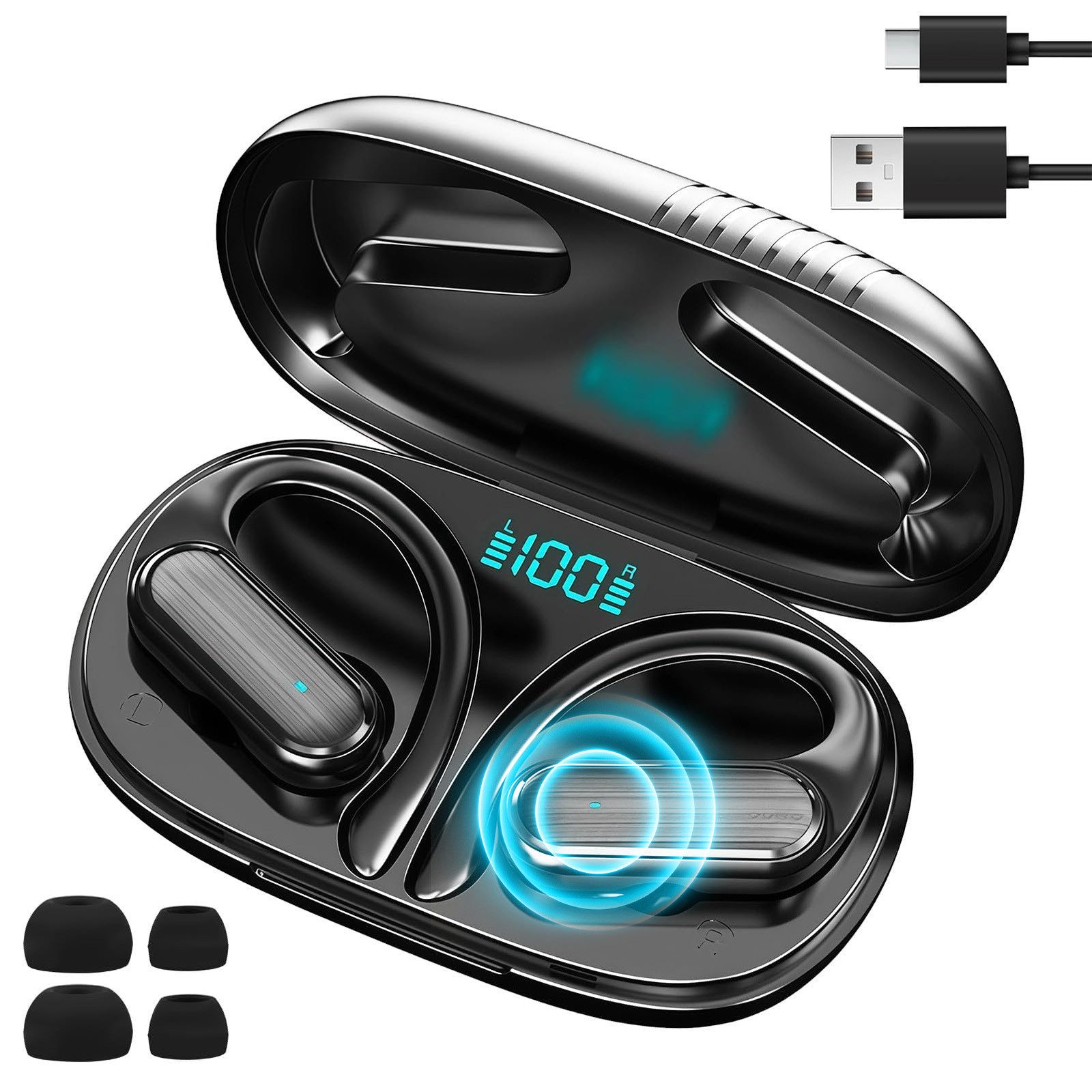 MOPUEA Open Ear Kopfhörer Bluetooth 5.3 Sport Kopfhörer In Ear mit Ladecase Open-Ear-Kopfhörer (Bluetooth 5.3 IPX7 ENC Mikrofon Touch und 60 Std Laufzeit)