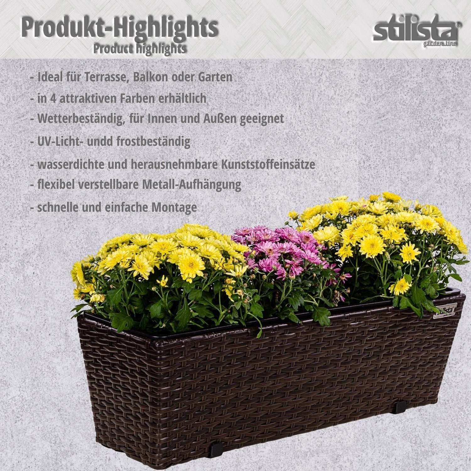 Farbwahl Blumenkasten verstellbare Grau (Set, Hängekasten Blumenkübel STILISTA & Balkonkasten Polyrattan Kunststoffeinsatz, 2er-Set), Aufhängung herausnehmbarer