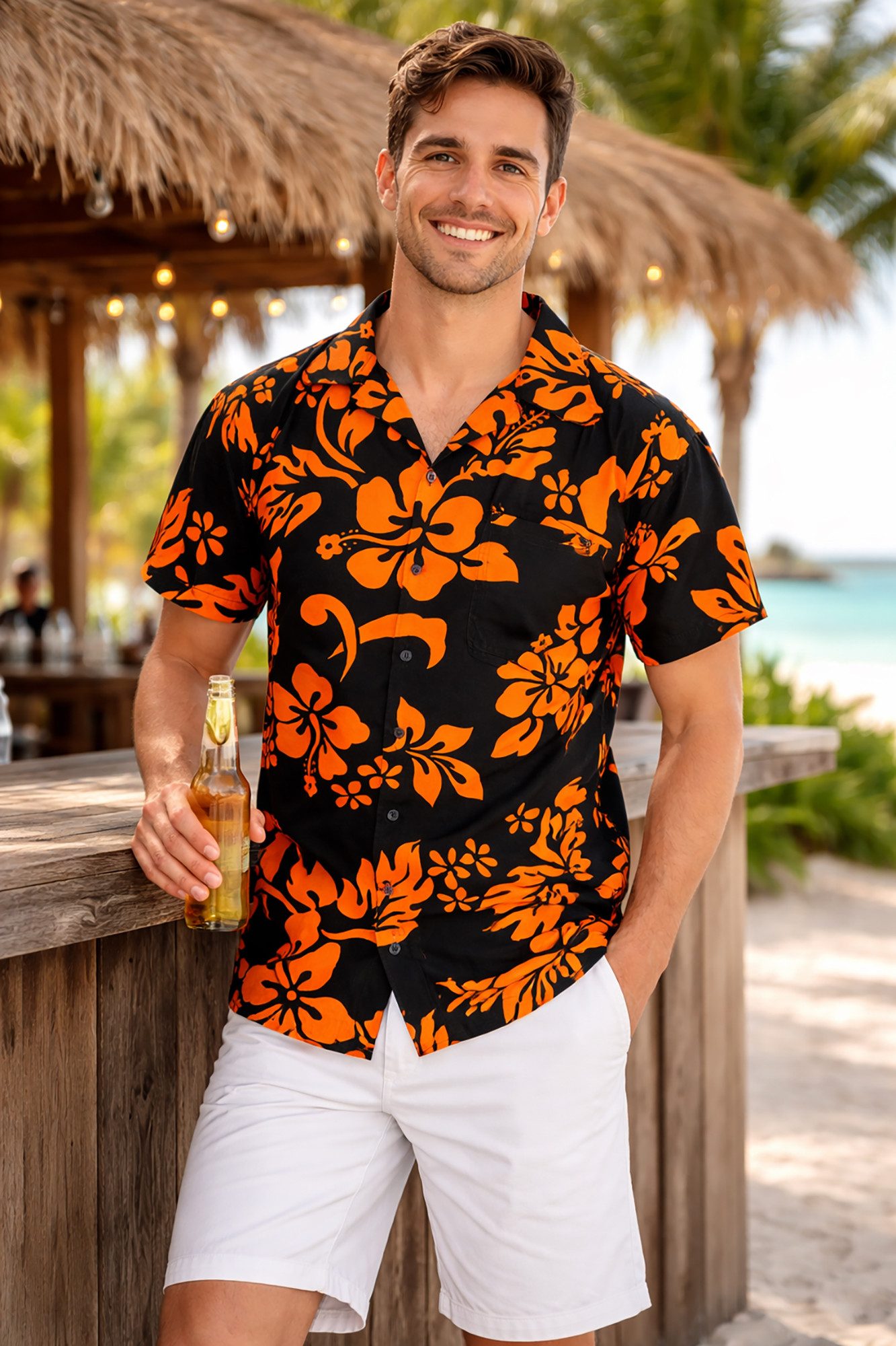 King Kameha Hawaiihemd "Hibiscus" Funky Hawaii-Hemd Herren Kurzarm Front-Tasche Stylish