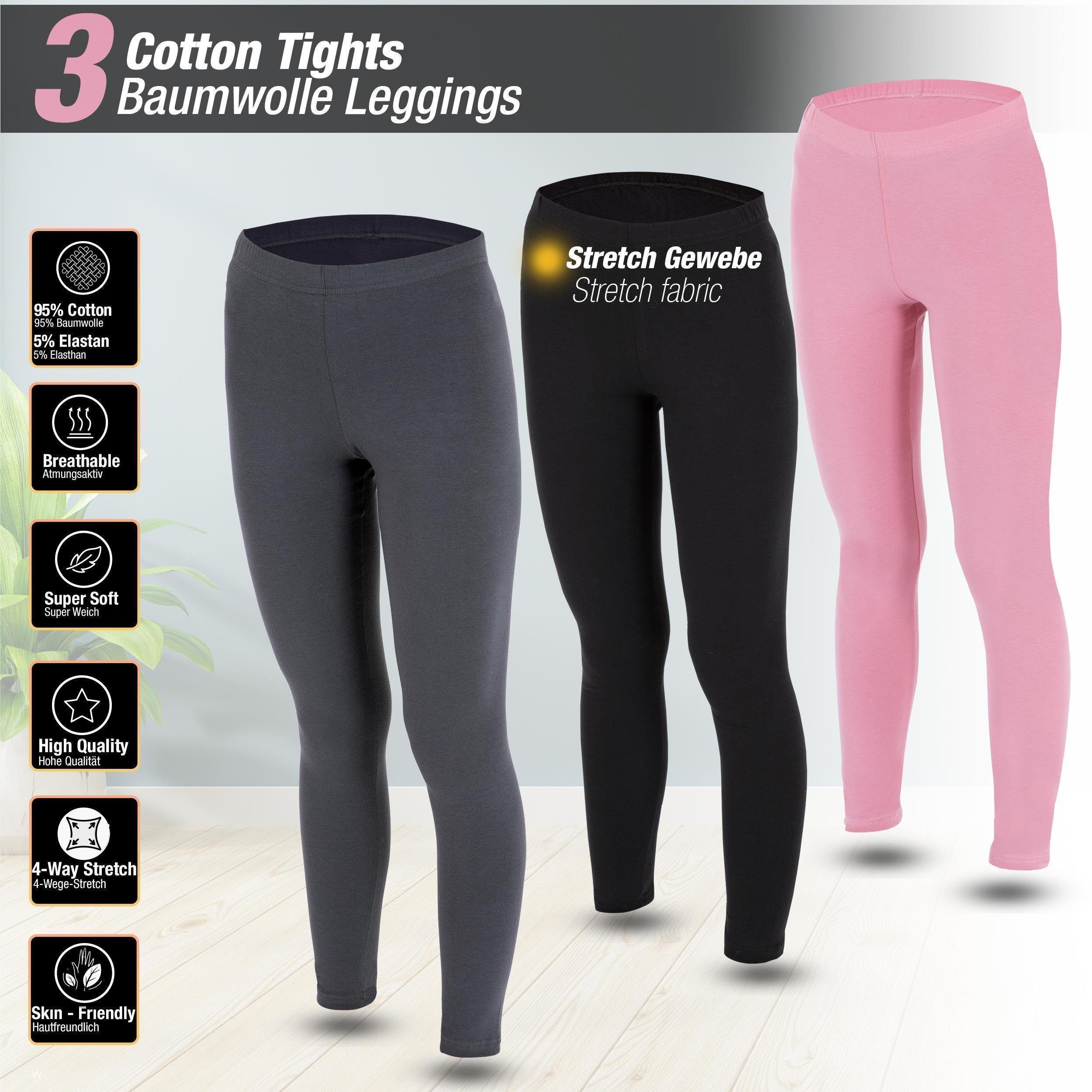 Leggings 3 Mädchen Leggings Set lang Baumwolle blickdicht Freizeithose elastisc