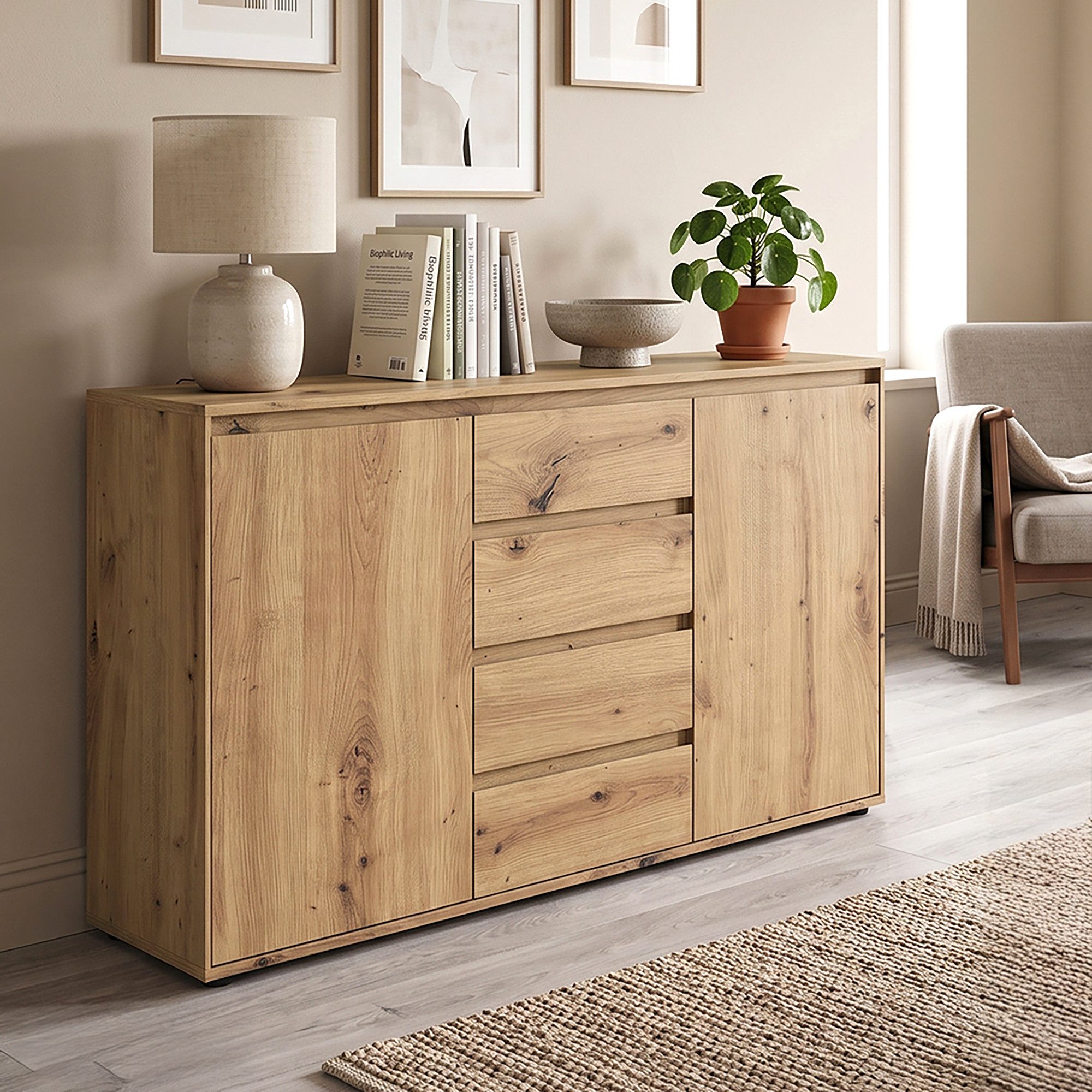 Lomadox Sideboard ZOLLINO-129, in Eiche, 137 cm breit mit 2 Türen & 4 Schubladen