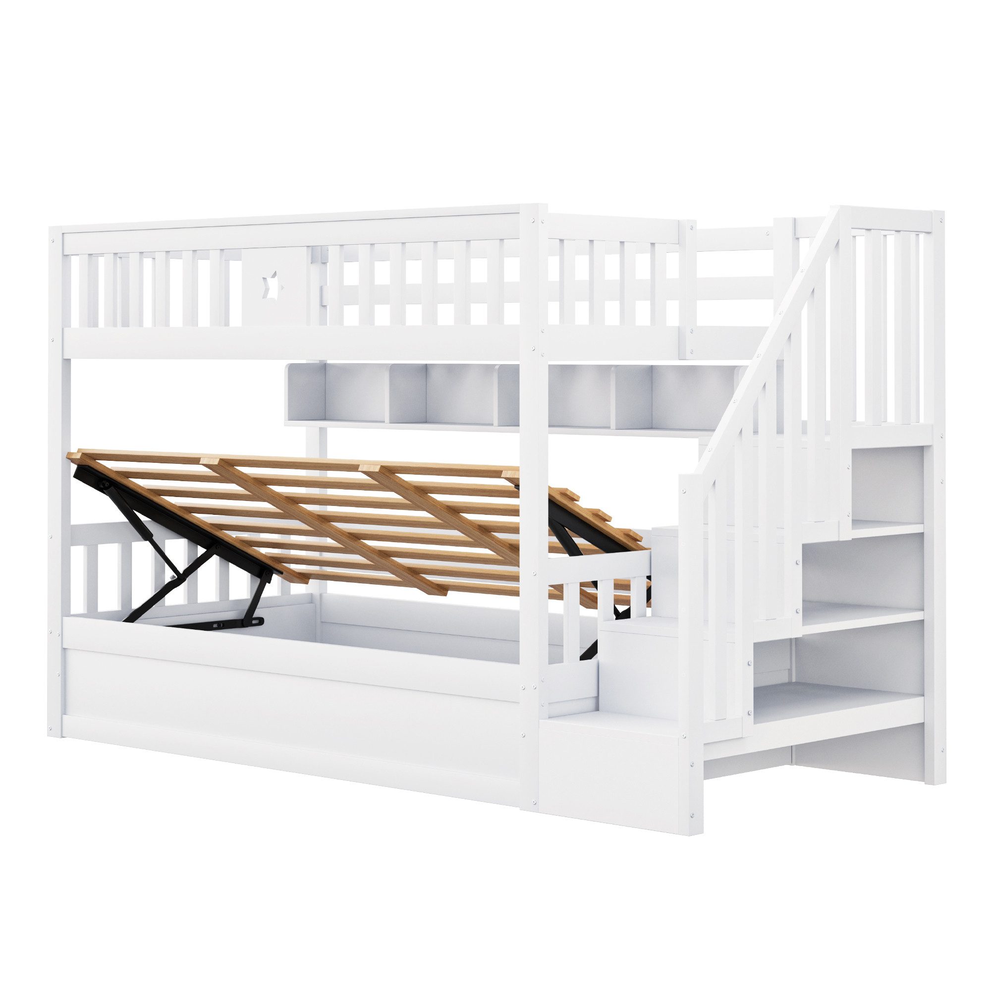 Merax Etagenbett mit hydraulischem Unterbett (1-St., Stockbett Jugendbett Doppelbett Hochbett aus Massivholz), Kinderbett 90x200cm mit Stauraumtreppe, Regalen & – Bild 5 von 5