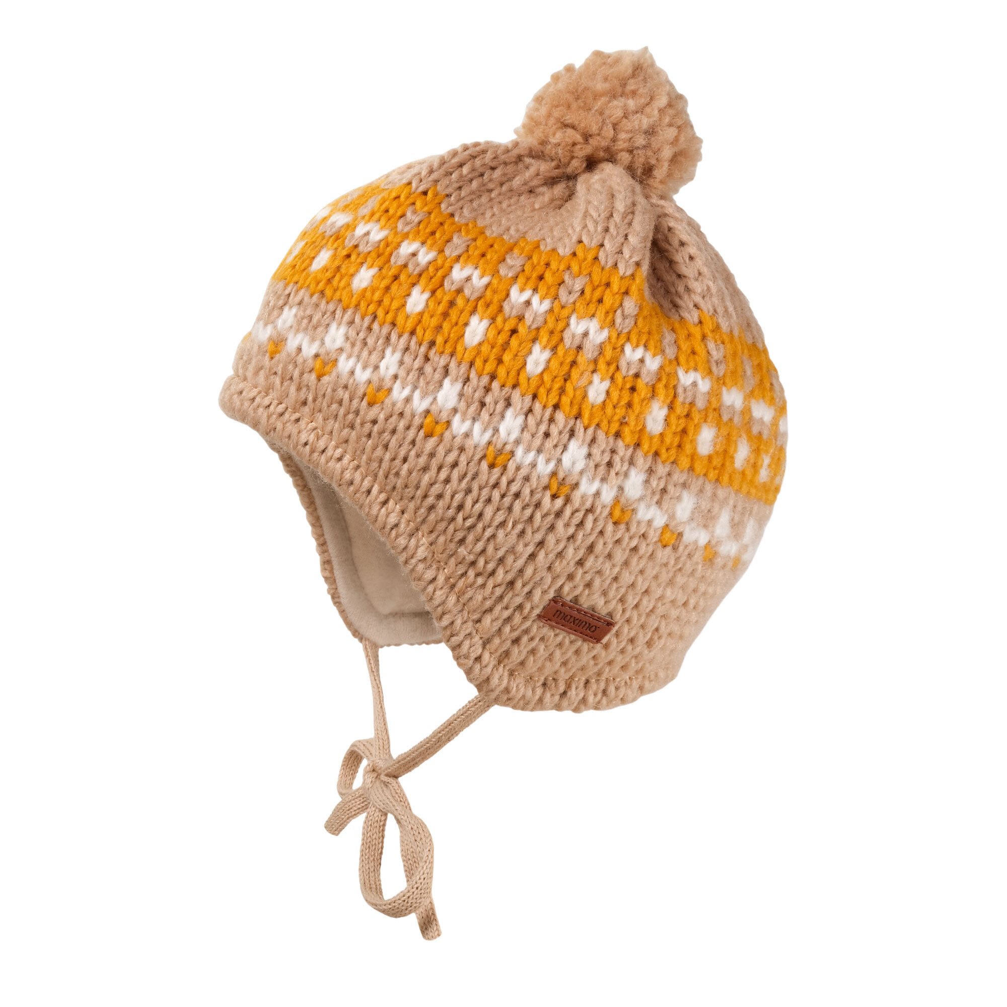 MAXIMO Strickmütze BABY-Mütze, ausgenäht, Pompon Jacquard Grobstrick, Futter (1-St)