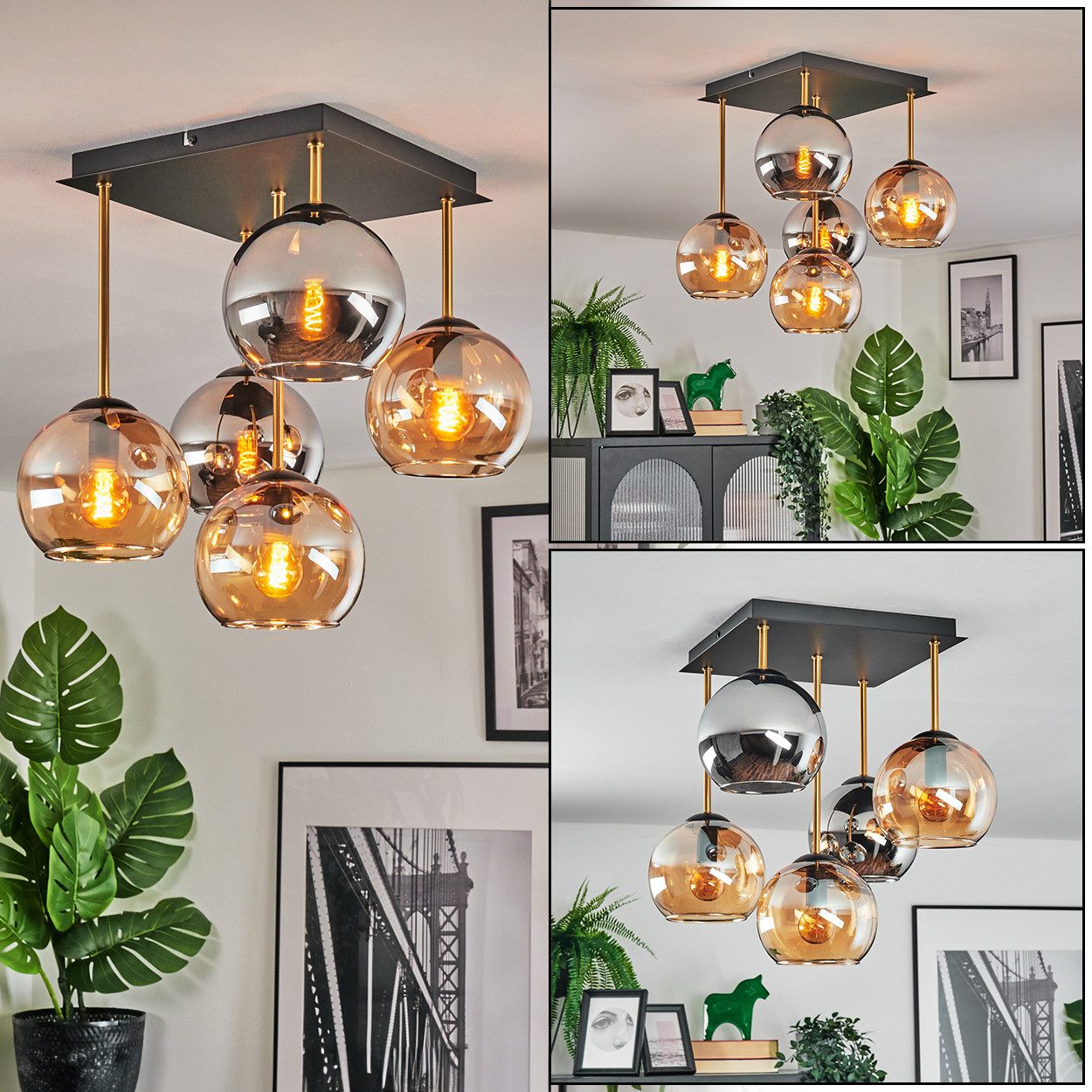 hofstein Deckenleuchte 5-flammige Deckenlampe aus Metall/Glas, Schwarz/Gold/Chrom/Rauch, ohne Leuchtmittel, Deckenleuchte im Retro/Vintage-Design (Schirme Ø 15 cm), 5 x E14
