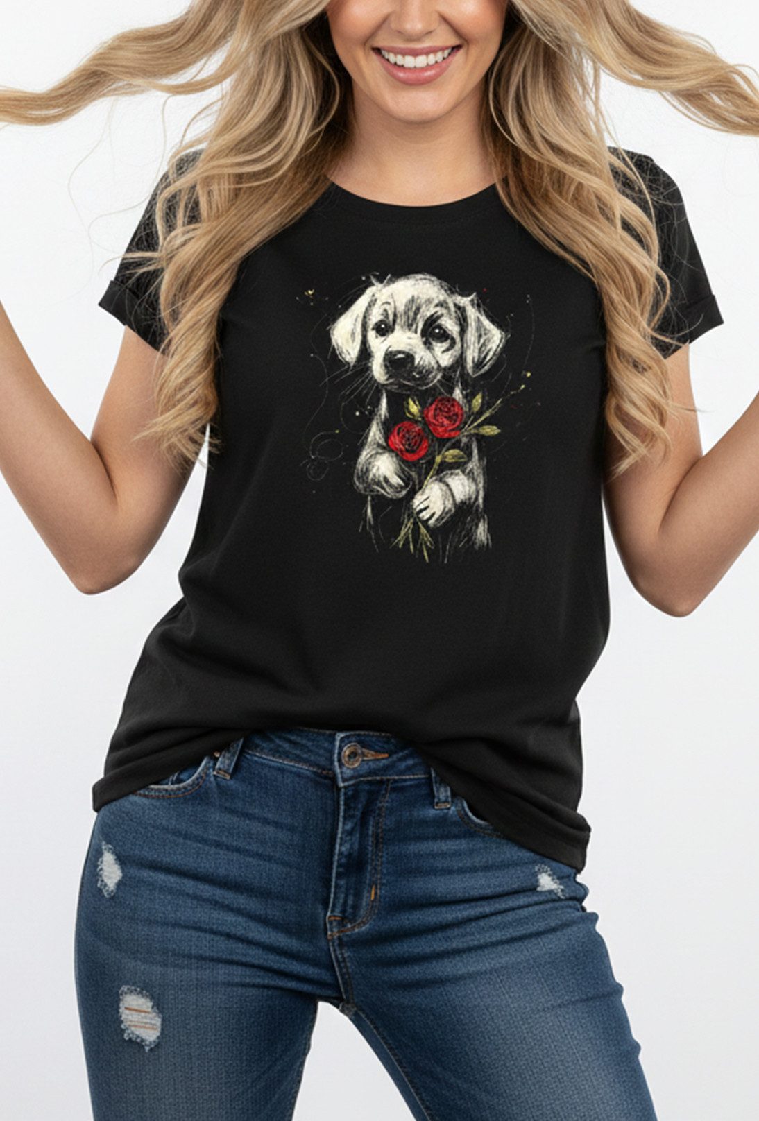 MAKAYA Print-Shirt mit Hundemotiv Damen Top Blumen Hund Kurzarmshirt Schwar günstig online kaufen