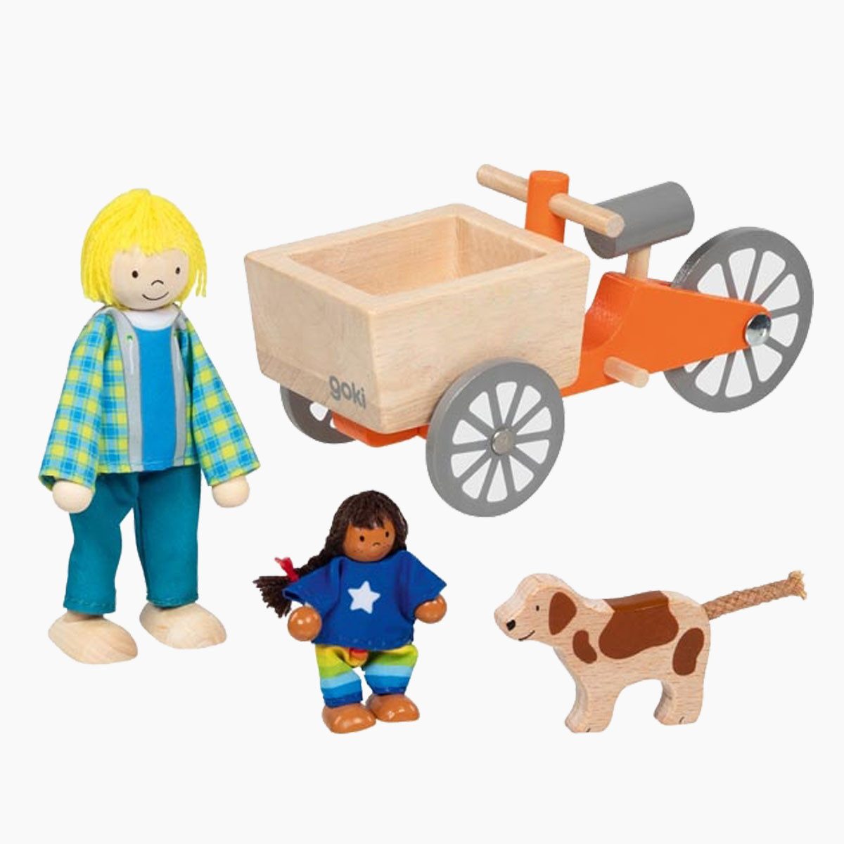 goki Biegepuppe Lastenfahrrad mit 2 Biegepuppen und Hund (Packung, 4-tlg., set), Kreativer Spielspaß