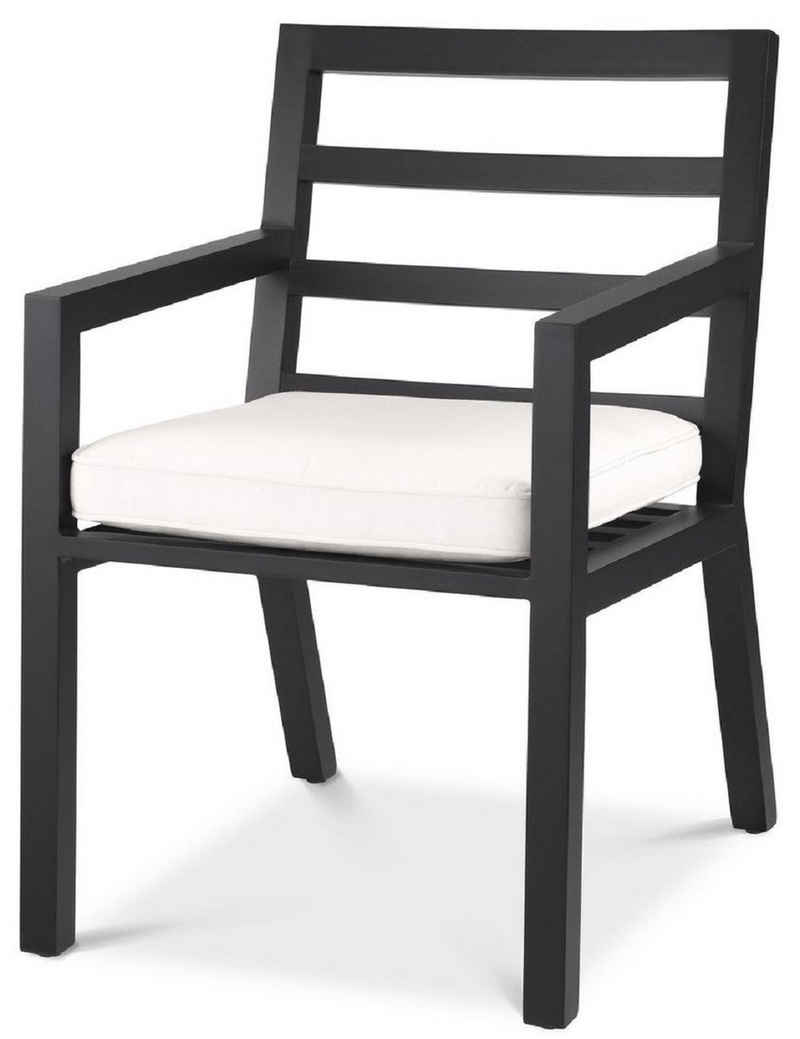 Casa Padrino Esszimmerstuhl Luxus Esszimmerstuhl mit Armlehnen Schwarz / Weiß 56 x 66,5 x H. 87 cm - Wetterbeständiger Aluminium Stuhl mit Sitzkissen - Garten Terrassen Stuhl - Luxus Qualität
