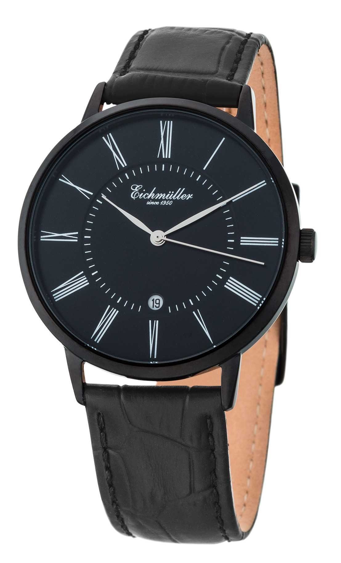 Quarzuhr Slim Herrenuhr Schwarz Lederband 41 mm 3032-06