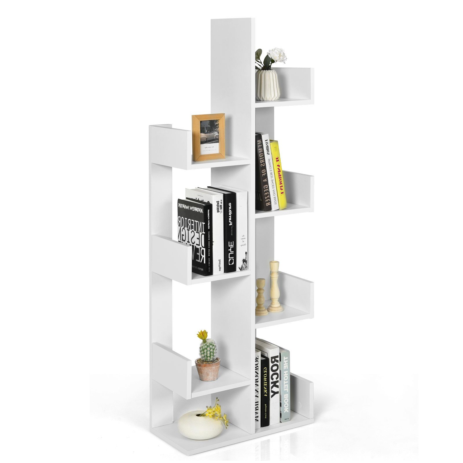 COSTWAY Bücherregal, mit 8 Fächern, bis 80kg, im Baumform, 50x25x145cm Weiß