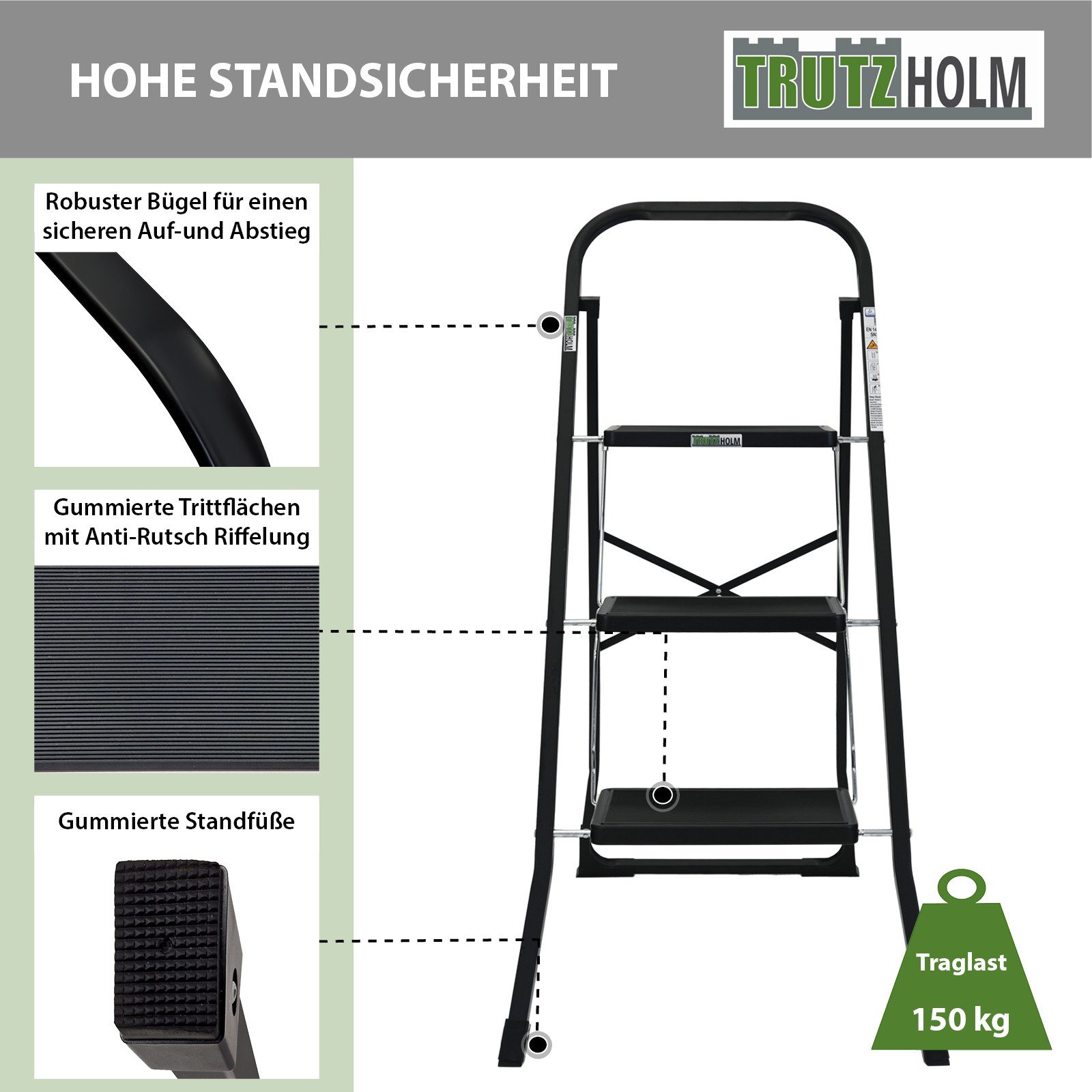 TRUTZHOLM Klapptritt Trittleiter 3-stufig klappbar TÜV/GS 150 kg Anti-Rutsch in schwarz – Bild 4 von 5
