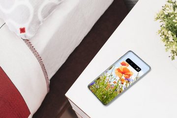 MuchoWow Handyhülle Blumen - Mohn - Frühling - Natur - Rot - Blau, Phone Case, Handyhülle Samsung Galaxy S10, Silikon, Schutzhülle