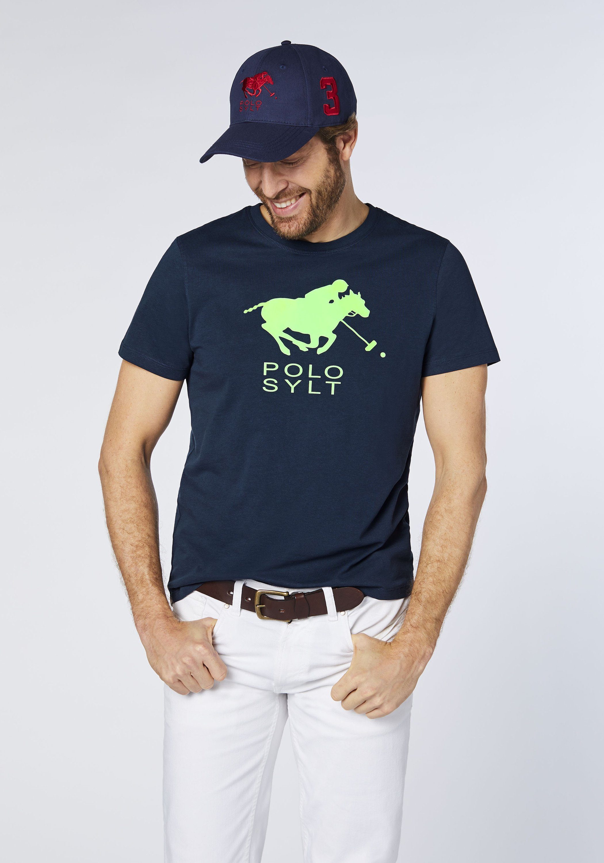 Print-Shirt Polo Total Sylt Frontprint Logo Neon Eclipse mit