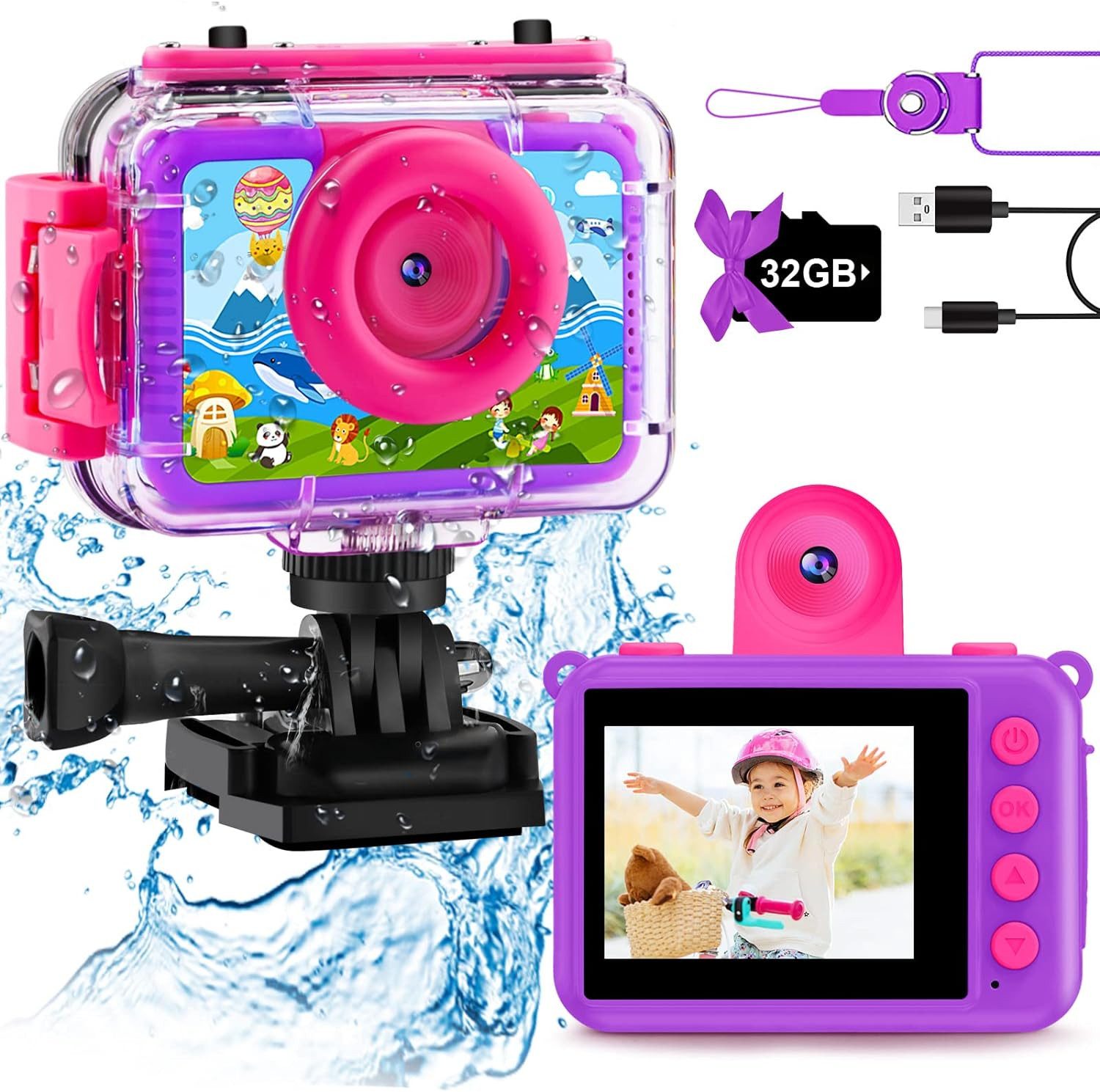 GKTZ Geschenk für Mädchen 3-12 Jahre alt Kinderkamera (20 MP, mit 32GB SD-Karte wasserdichte Unterwasser Fotoapparat kamera)