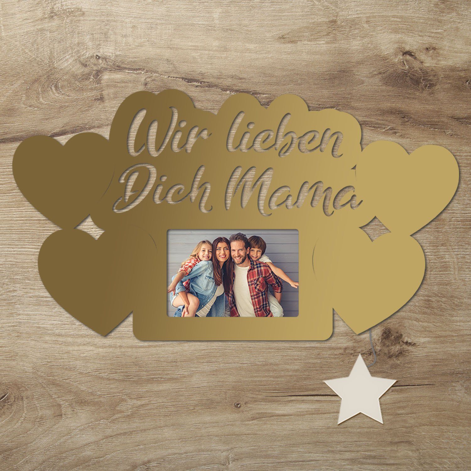 Namofactur LED-Bilderrahmen Geschenk Mama Fotorahmen aus Holz I Muttertag I Geburtstag, für 1 Bilder, beleuchteter Herz Foto Rahmen, Wir lieben Dich Mama Gold