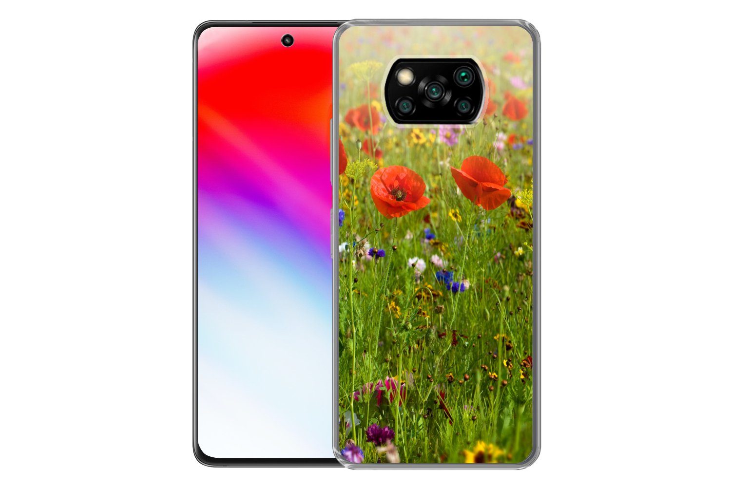 MuchoWow Handyhülle für Xiaomi Poco X3 Pro Frühling - Blumen - Rot - Mohn - Gras - Grün, Phone Case, Silikon, Schutzhülle Dünn