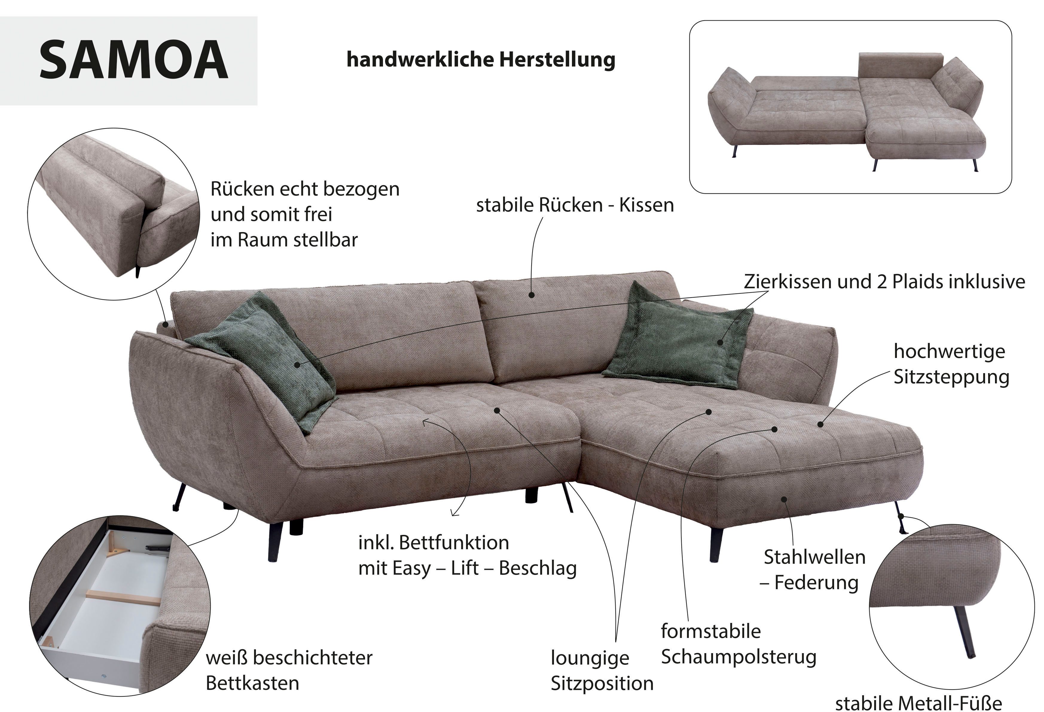 exxpo - sofa fashion Ecksofa Samoa, bequem&modern, mit Easy-Lift-Bettfunktion, Breite 282cm, L-Form, Polsterecke inkl. Bettfunktion & Bettkasten. Komfortsitzhöhe 47cm