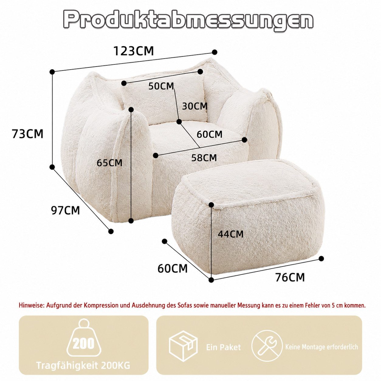 Vankel Relaxliege Sofas Wohnzimmer Loungesessel mit Hocker aus Kunstfell weich, Bean Bag Sessel mit Fußhocker, Schaumstofffüllung & Komfort
