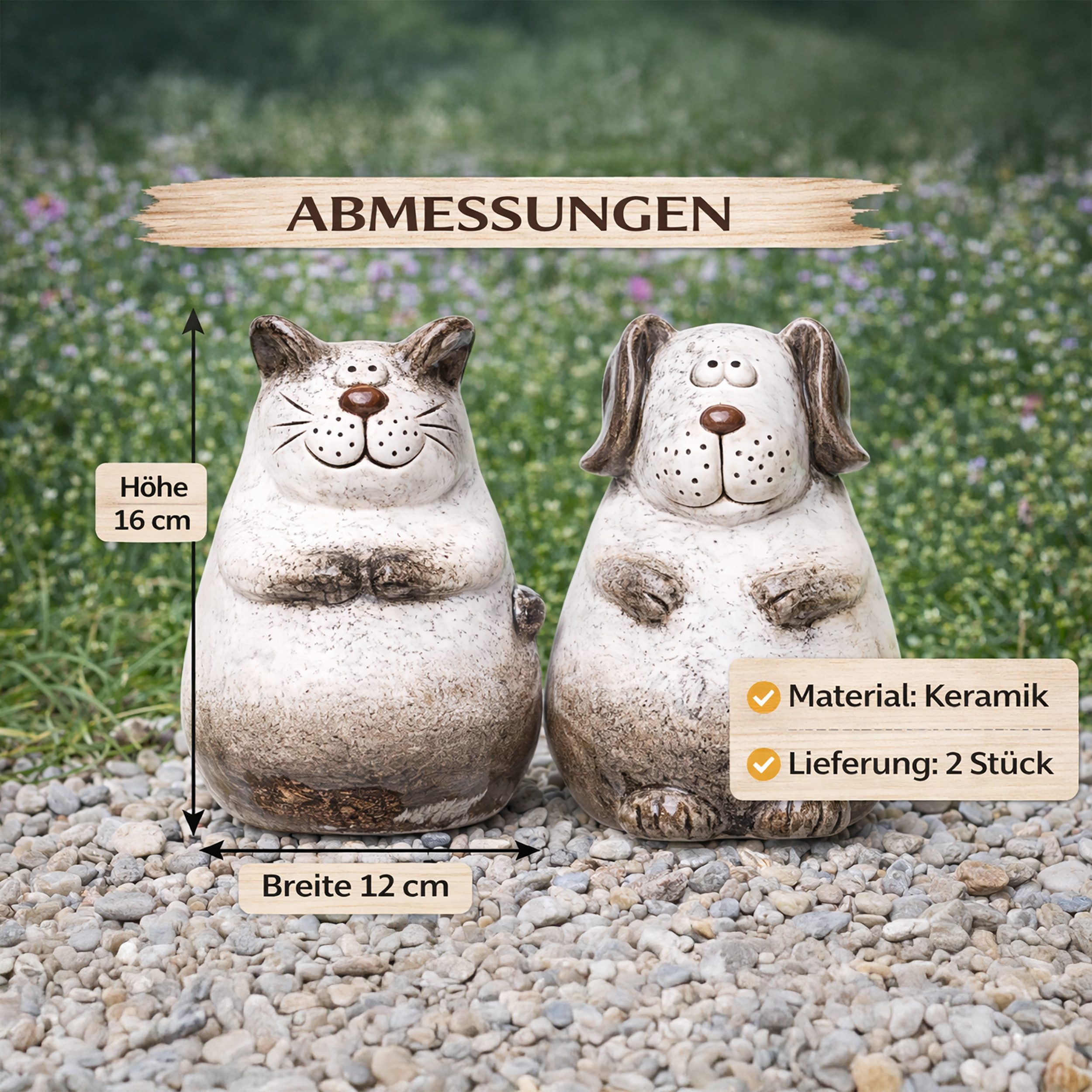 Annastore Dekofigur Zaunhocker Hund und Katze aus Terracotta - Gartenfigur - Zaunfigur, Tierdeko für Zaun, Höhe 16 cm