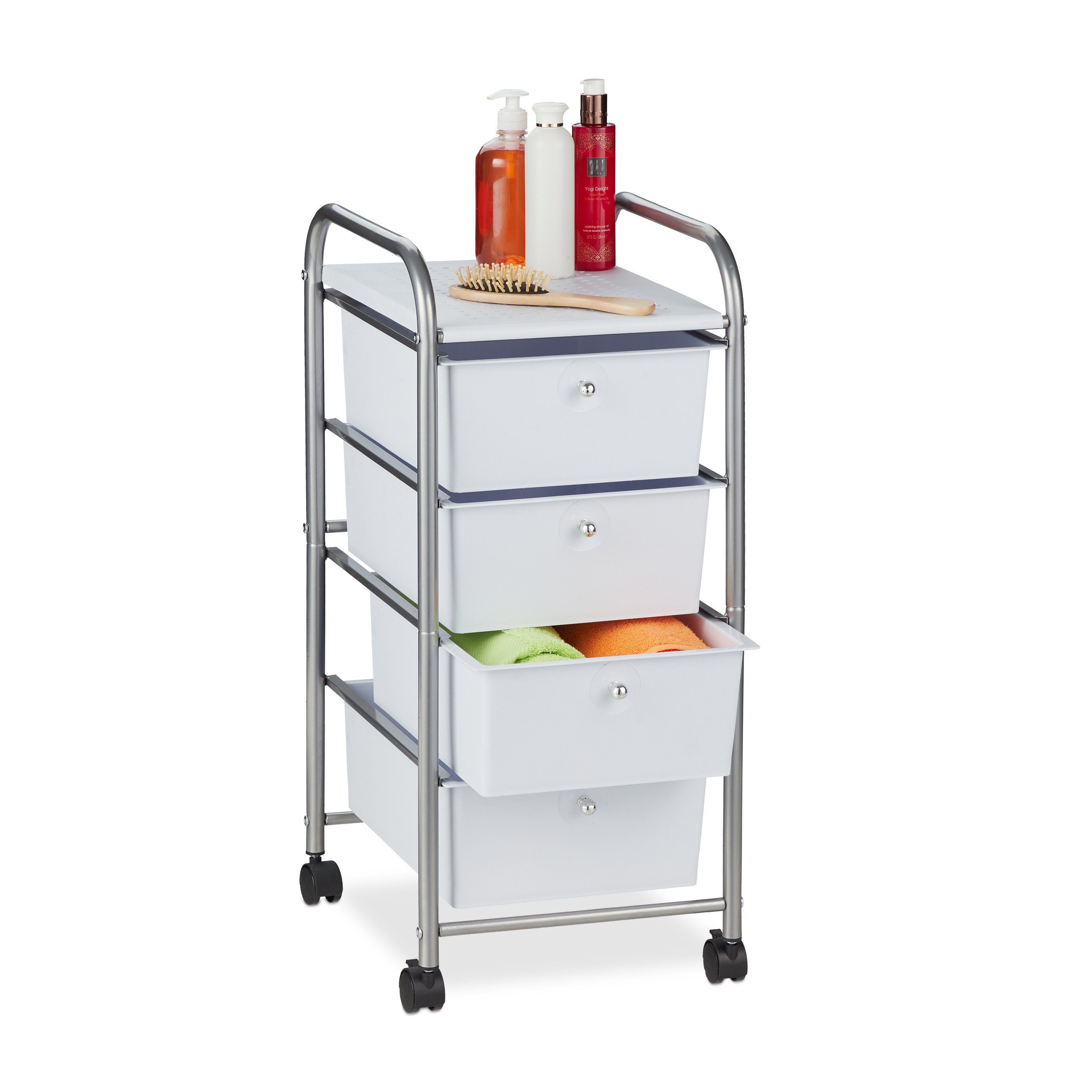 relaxdays Rollwagen Badrollwagen mit 4 Schubladen, silber