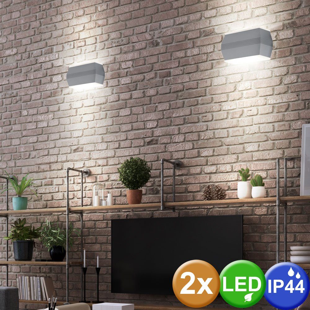etc-shop Außen-Wandleuchte, LED-Leuchtmittel fest verbaut, Warmweiß, 2er Set LED Außen Wand Lampen Terrassen ALU Spot Beleuchtungen Glas