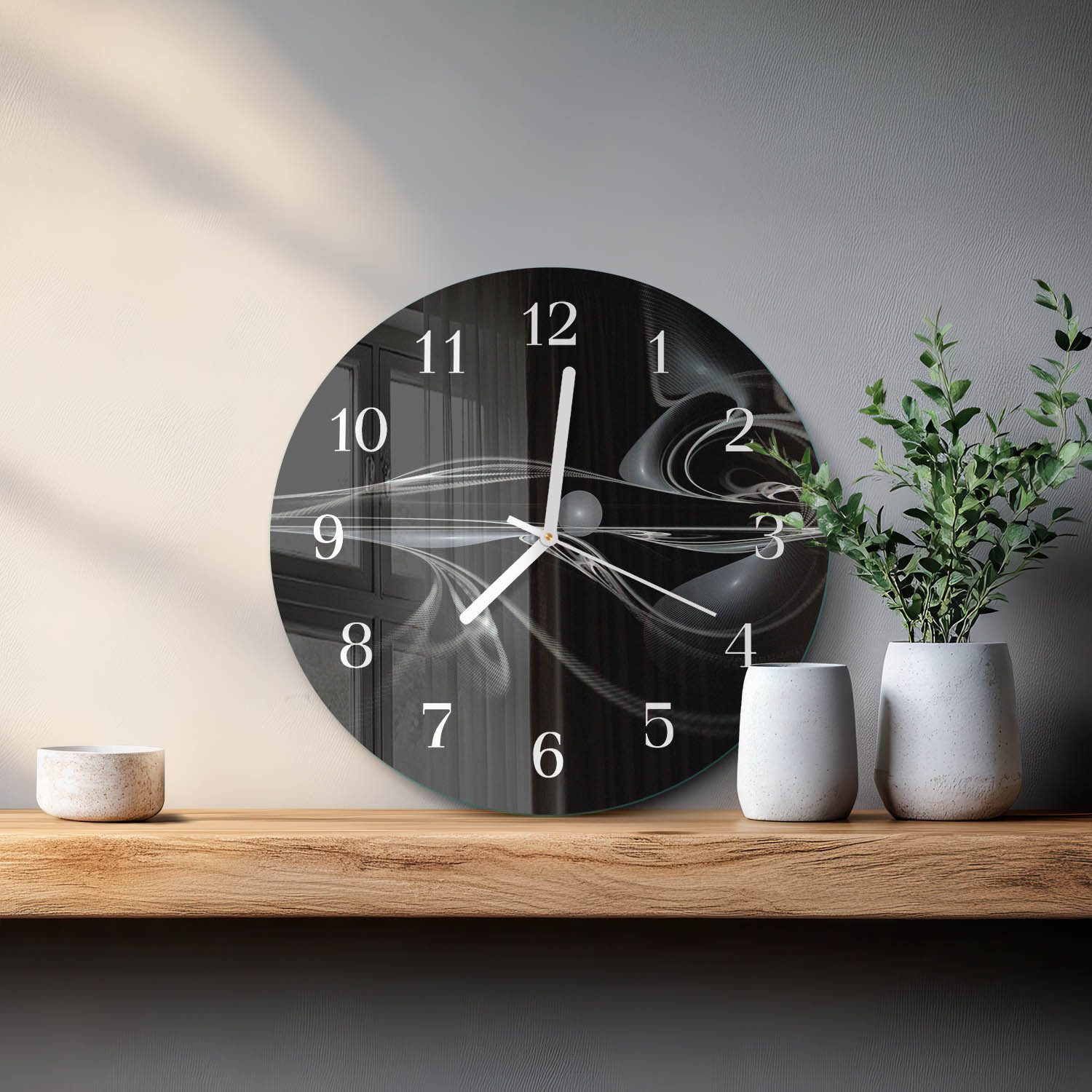 Tulup Wanduhr Wanduhr Runde Glasuhr Modernes Design mit leisem Uhrwerk (Abstraktion, Schwarz)