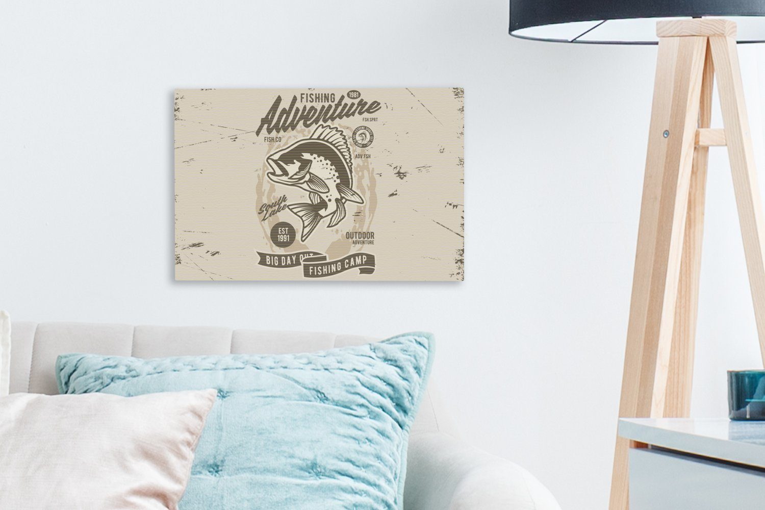 OneMillionCanvasses® Leinwandbild Fisch - Briefe Aufhängefertig, - St), Wanddeko, Zeichnung, cm 30x20 - Vintage (1 Wandbild Leinwandbilder
