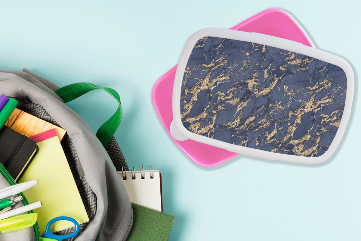 - rosa Lunchbox Muster - - Snackbox, Marmor, für MuchoWow Brotdose Kinder, Mädchen, (2-tlg), Blau Erwachsene, Brotbox Kunststoff, Kunststoff Gold